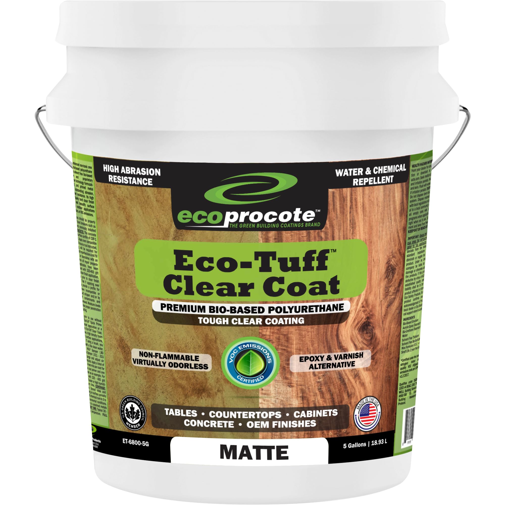 Eco-Tuff Clear Polyurethane Wood Sealer – UV Resistant, Non-Toxic Water-Based Protective Finish for Wood Floors, Cabinets, Countertops & Furniture – Matte Finish – 5 Gallon – Ideal for Indoor & Outdoor Wood Protection, DIY Projects & Professional Use
