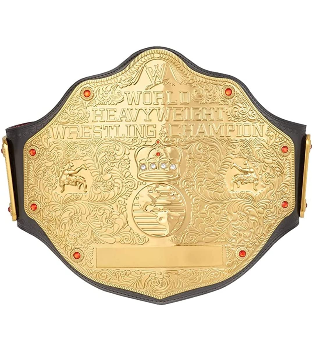 WWF Big Gold World Heavyweight Championship Wrestling Replica Belt - 2mm Gold Plated Brass, Black Leather Strap - Perfect for Cosplay, Collectors & Wrestling Fans