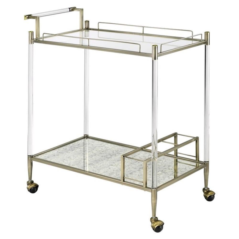 Acme Cirro Serving Cart with Antique Mirror & Brass Wire Metal Frame - Perfect for Dining, Kitchen, and Outdoor Entertaining