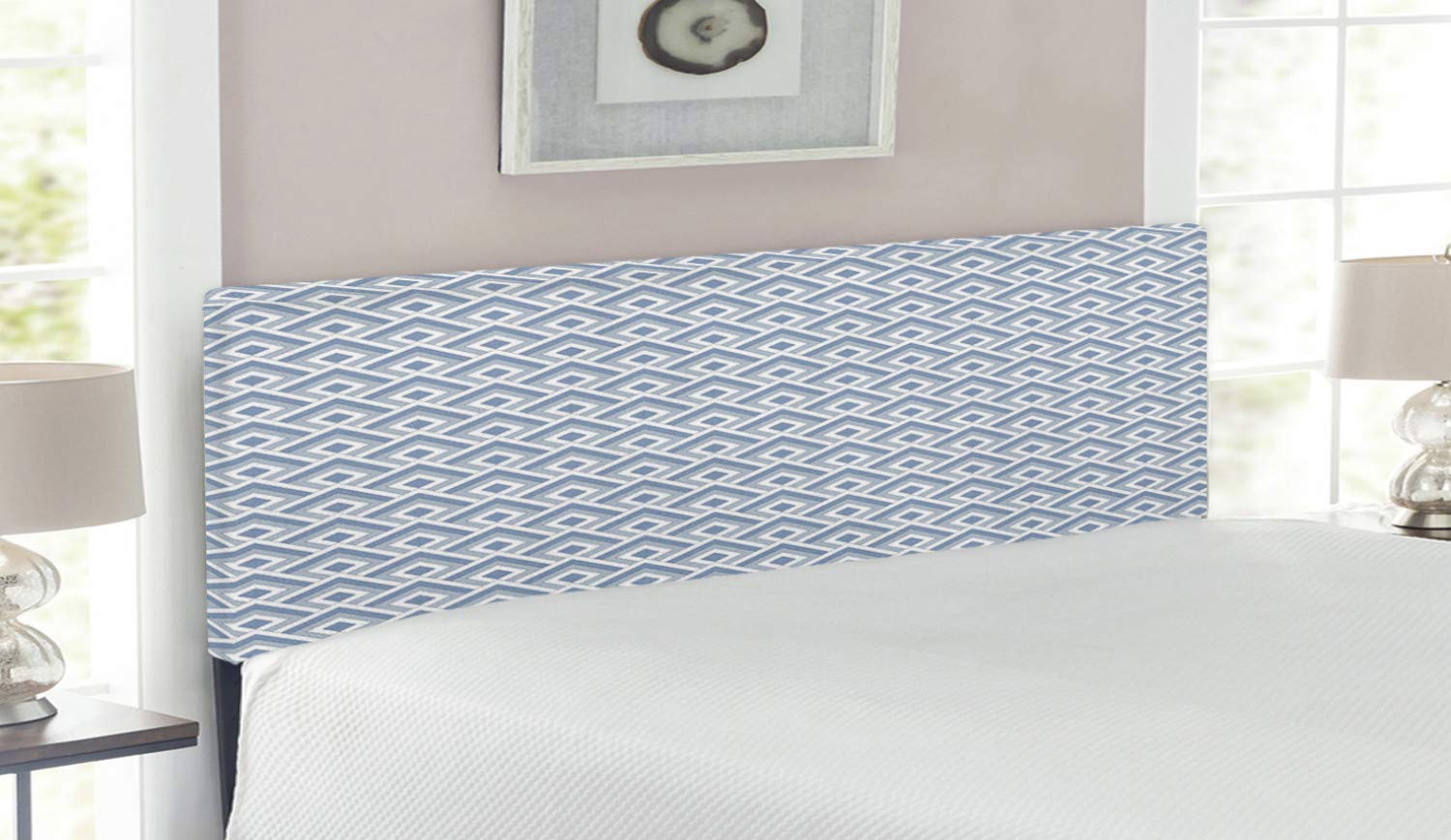 Ambesonne Geometric Upholstered Headboard - Diagonal Entwined Nested Squares Pattern, Classic Repeating Design, Decorative Metal Bed Headboard with Memory Foam - Queen Size, Slate Blue & White - Perfect for Modern Bedroom Decor & Guest Room Styling