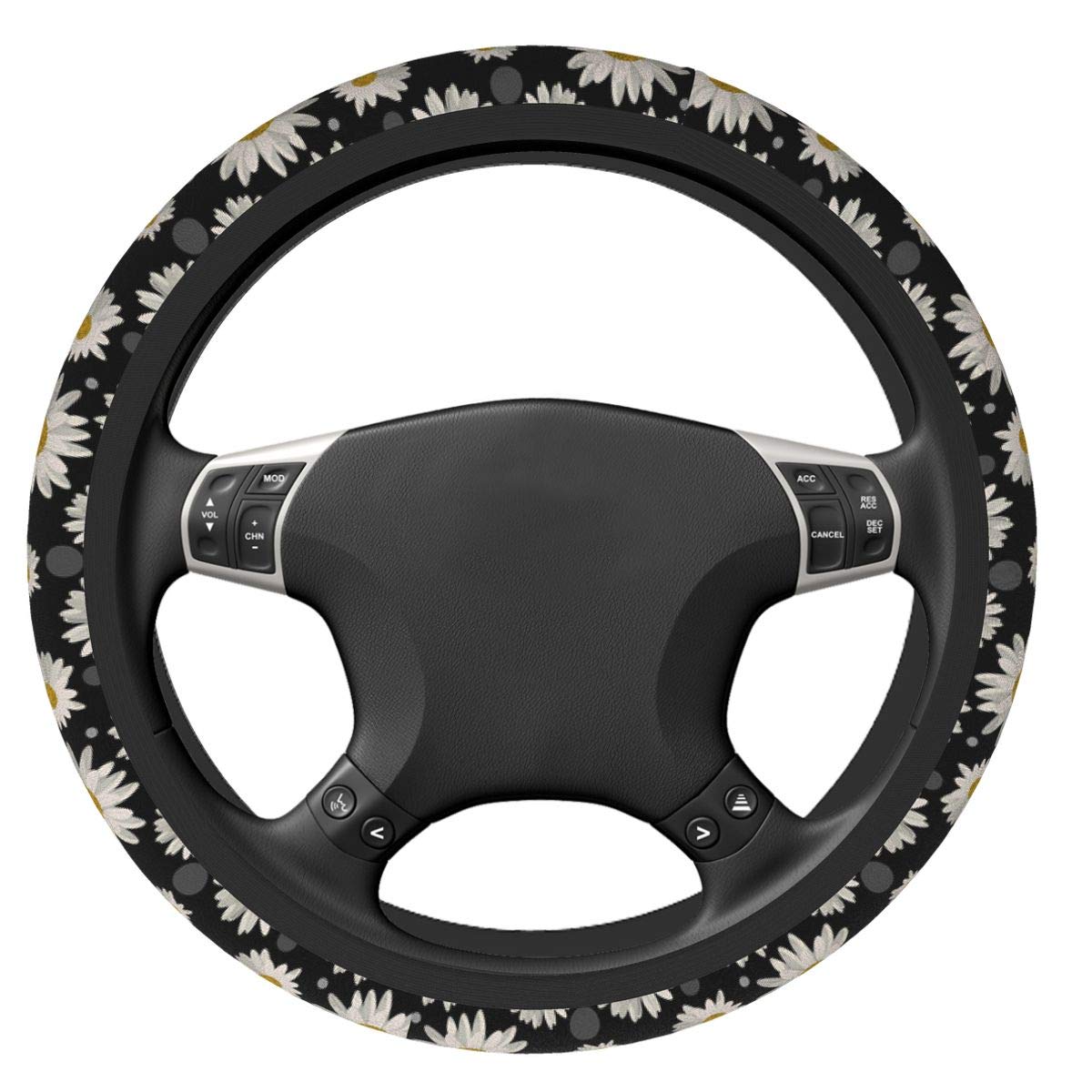 Delerain White Daisies Steering Wheel Cover - Anti-Slip Elastic Car Accessories, Universal 15 Inch Steering Wheel Protector for Men & Women - Perfect for Summer Driving, Road Trips, and Daily Commute