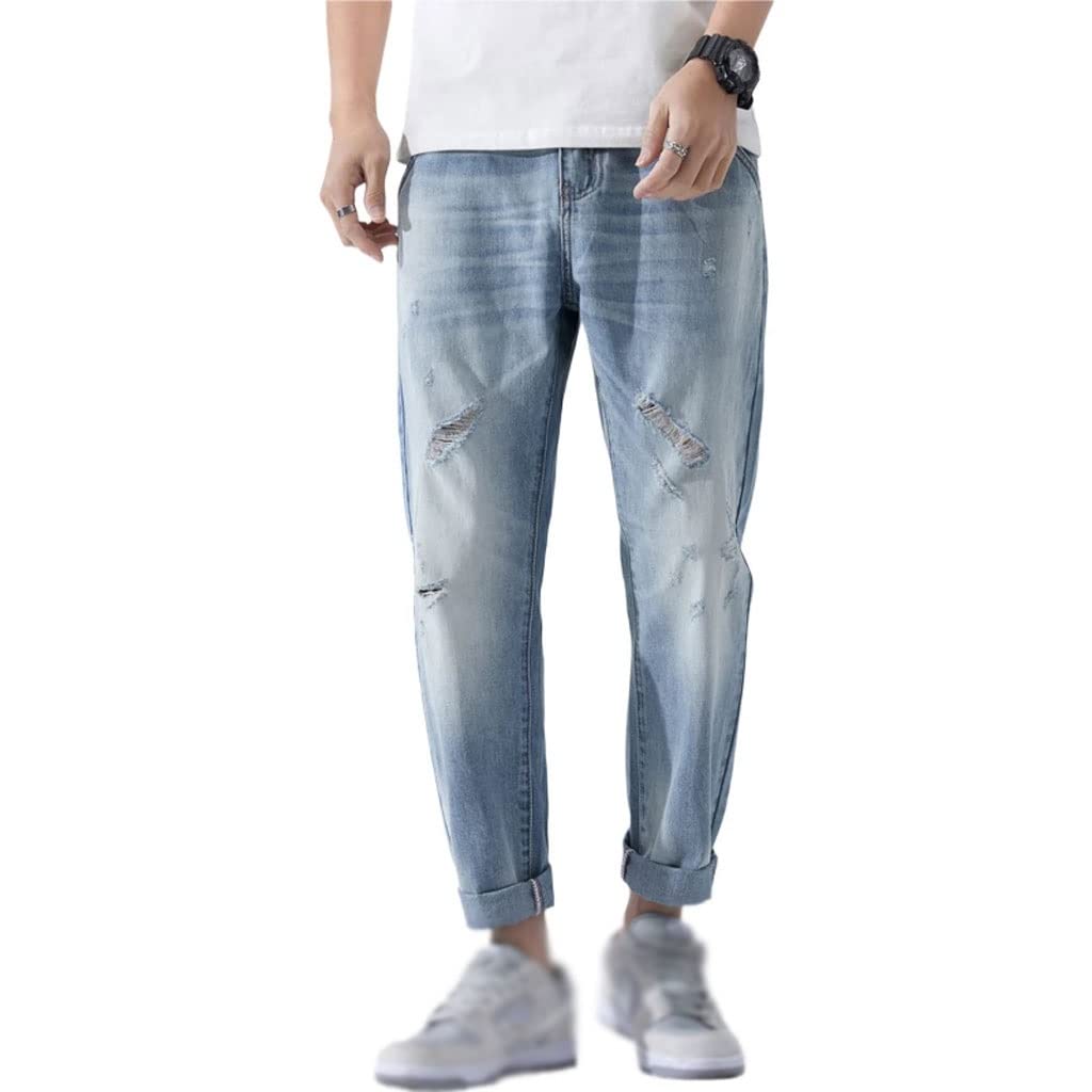 **Distressed Ripped Jeans for Men - Loose Fit Light Blue Baggy Pants, Vintage Denim for Casual & Streetwear | Perfect for Spring & Summer Outfits (Color: A, Size: 31)**