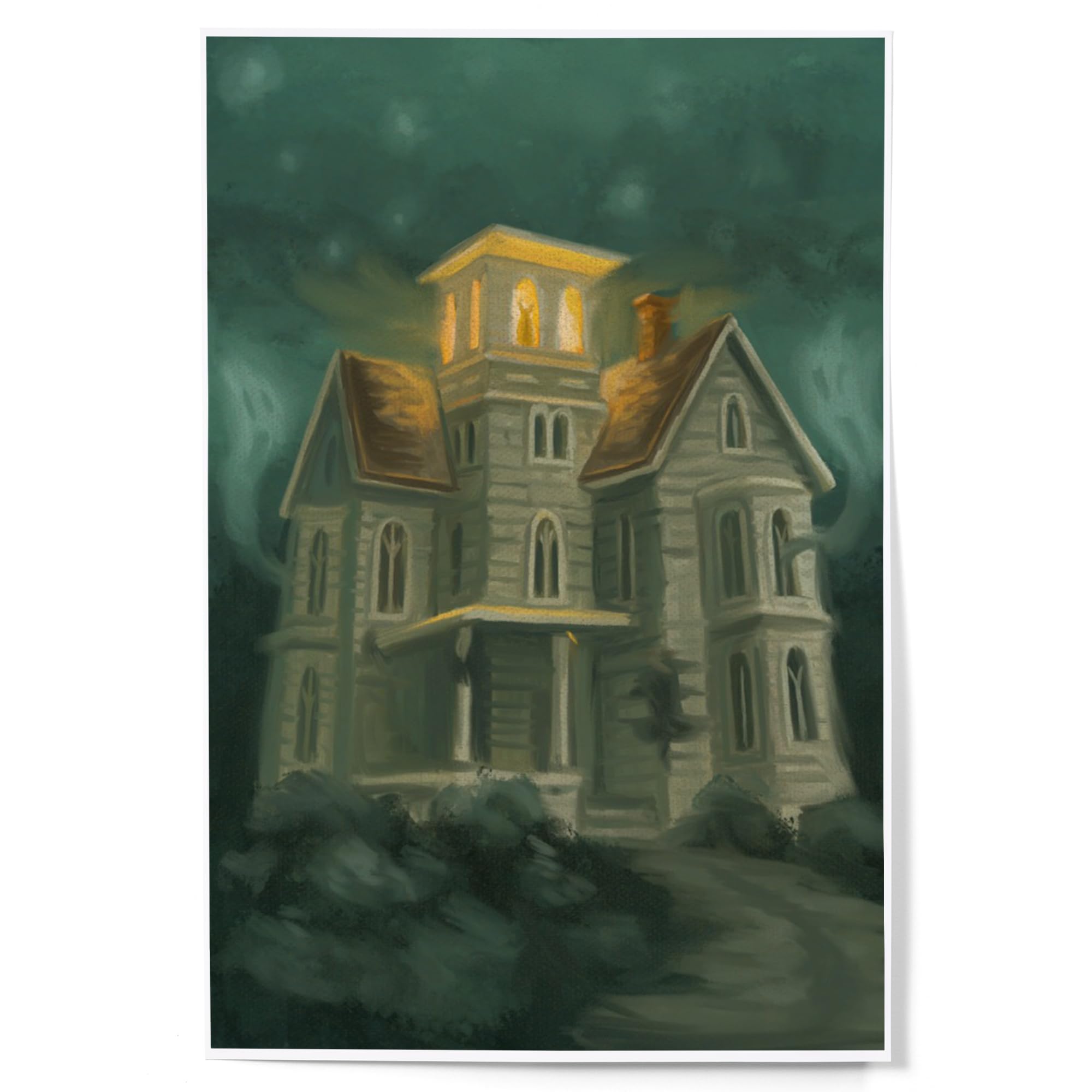 Lantern Press 12x18 Inch Haunted House Halloween Art Print - Gothic Oil Painting Wall Decor for Spooky Home, Office & Halloween Party Decoration