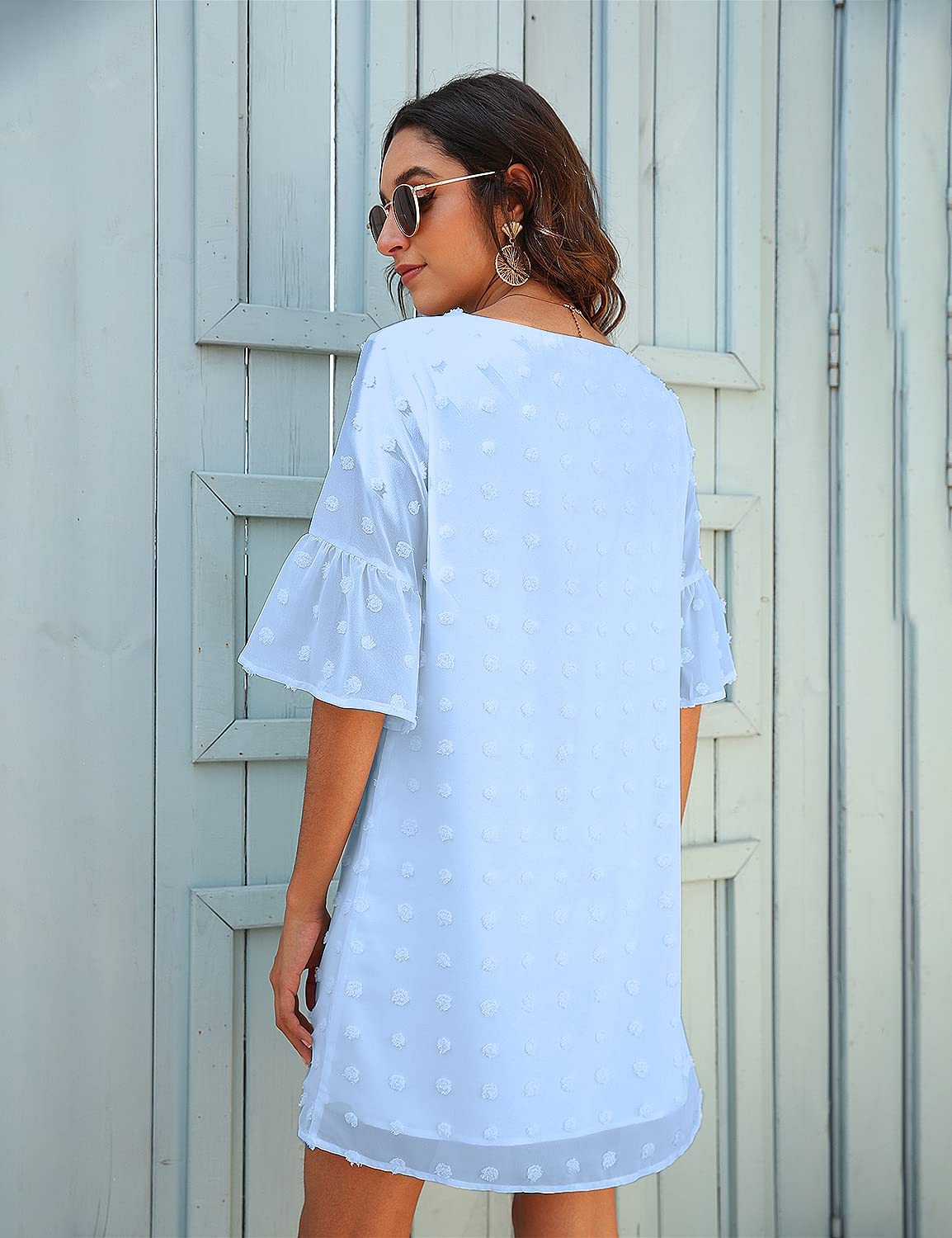 Blooming Jelly Women's White Summer Dress - Short Sleeve V-Neck Ruffle Chiffon Flowy Shift Mini Dress for Beach, Party & Casual Wear