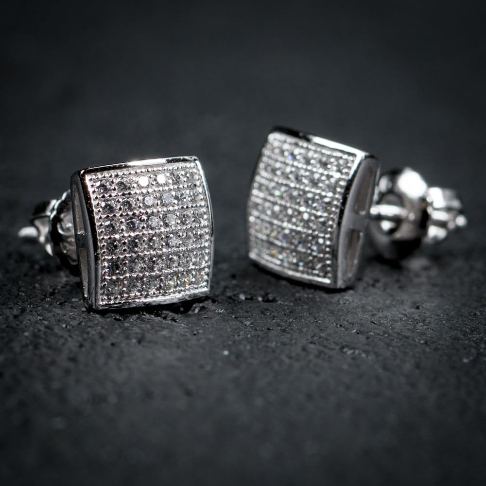 3D Square Iced 5A CZ Stone Micro Pave White Gold Plated 925 Sterling Silver Hypoallergenic Men's Cubic Zirconia Earrings - Screw Back Post Cube Design for Hip Hop Style | Perfect Gift for Husband & Boyfriend | Ideal for Parties, Weddings & Casual Wear