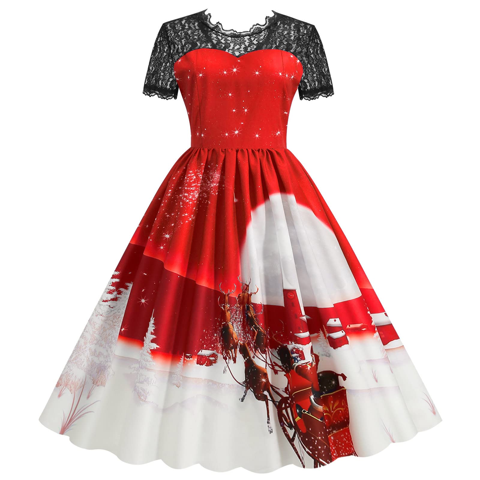 Vintage Santa Claus Print Christmas Party Dress for Women - Elegant Lace Swing Cocktail Dress for Holiday Gatherings & Festive Evening Events