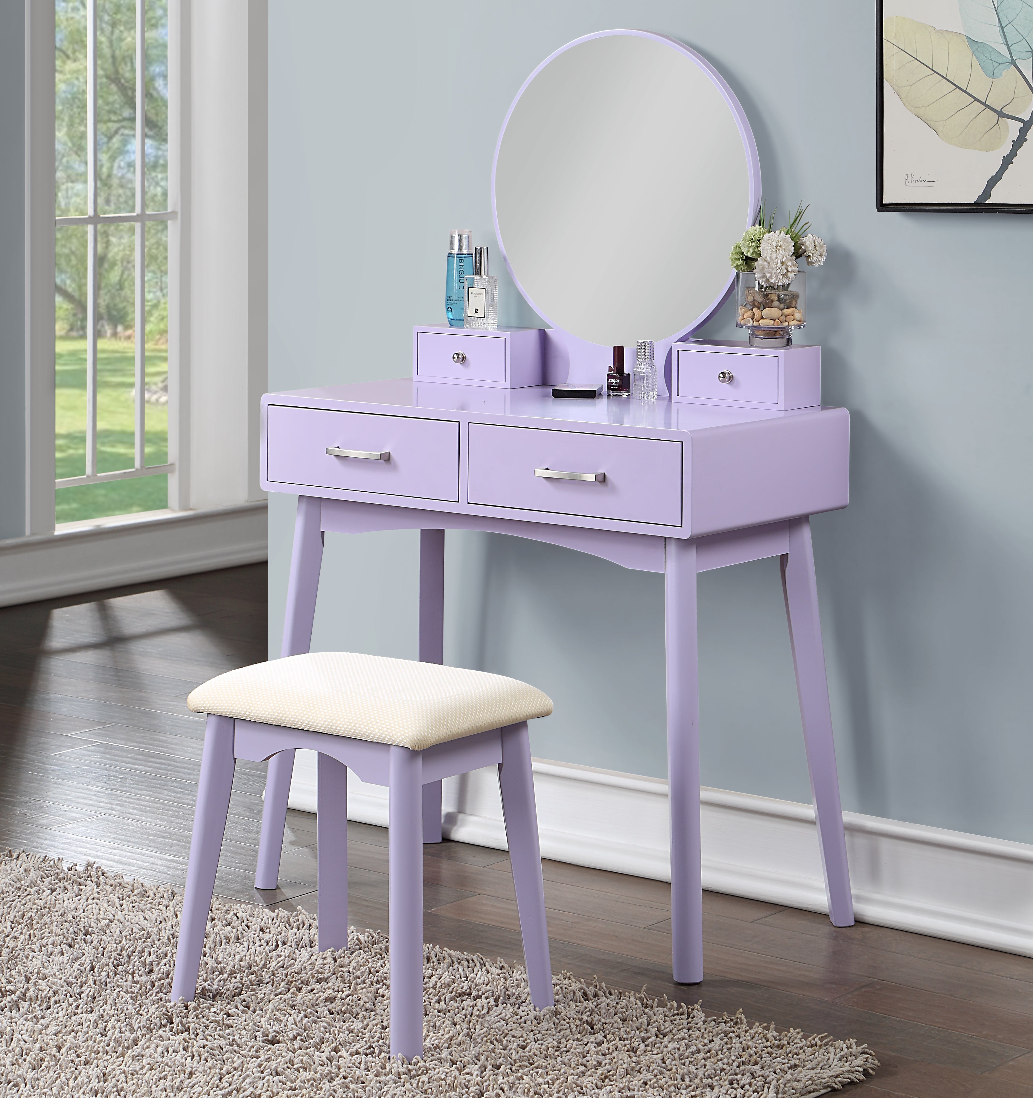 Roundhill Furniture Liannon Contemporary Wood Vanity and Stool Set with Mirror, Purple - Perfect for Bedroom Makeup Dressing Table and Bathroom Vanity Organizer