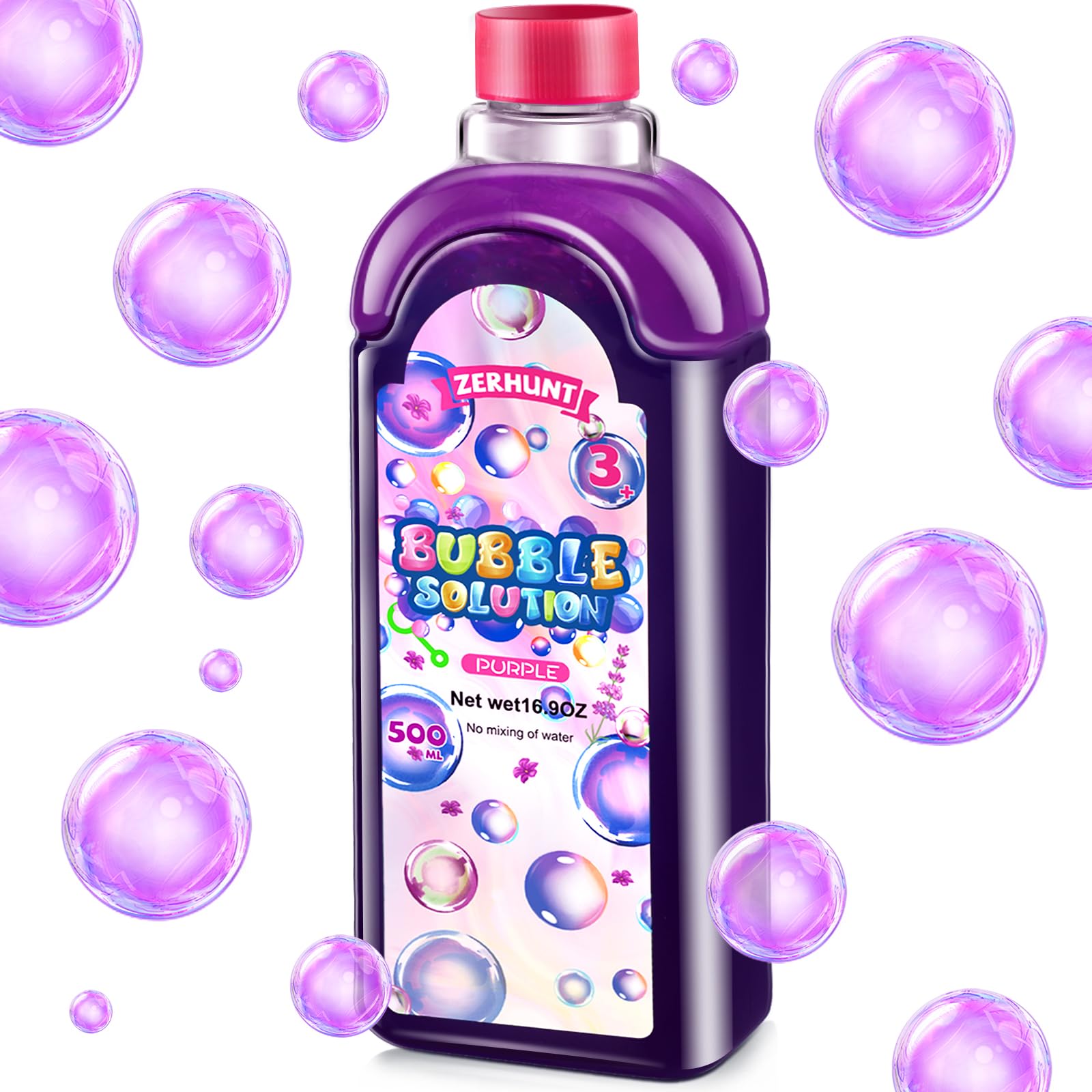 Zerhunt Non-Toxic Bubble Solution Refills - 500ML Purple Bubble Liquid for Bubble Machines & Toys | Safe, Long-Lasting Bubbles for Kids Outdoor Play, Birthday Parties & Backyard Fun