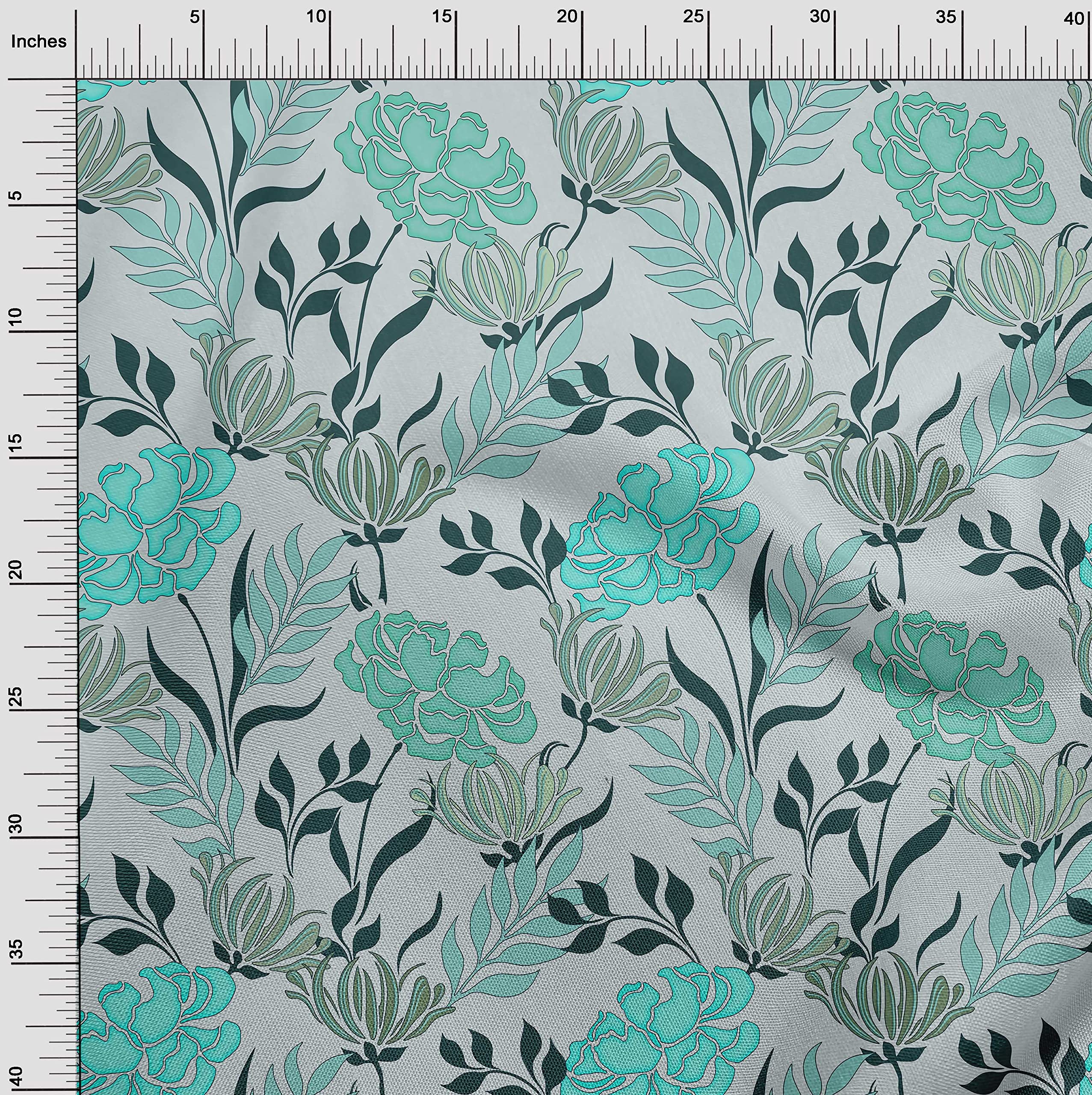oneOone Velvet Turquoise Green Floral Print Fabric - 58 Inch Wide DIY Sewing Material for Clothing, Quilting & Home Decor | Retro Style Soft Fabric by The Yard