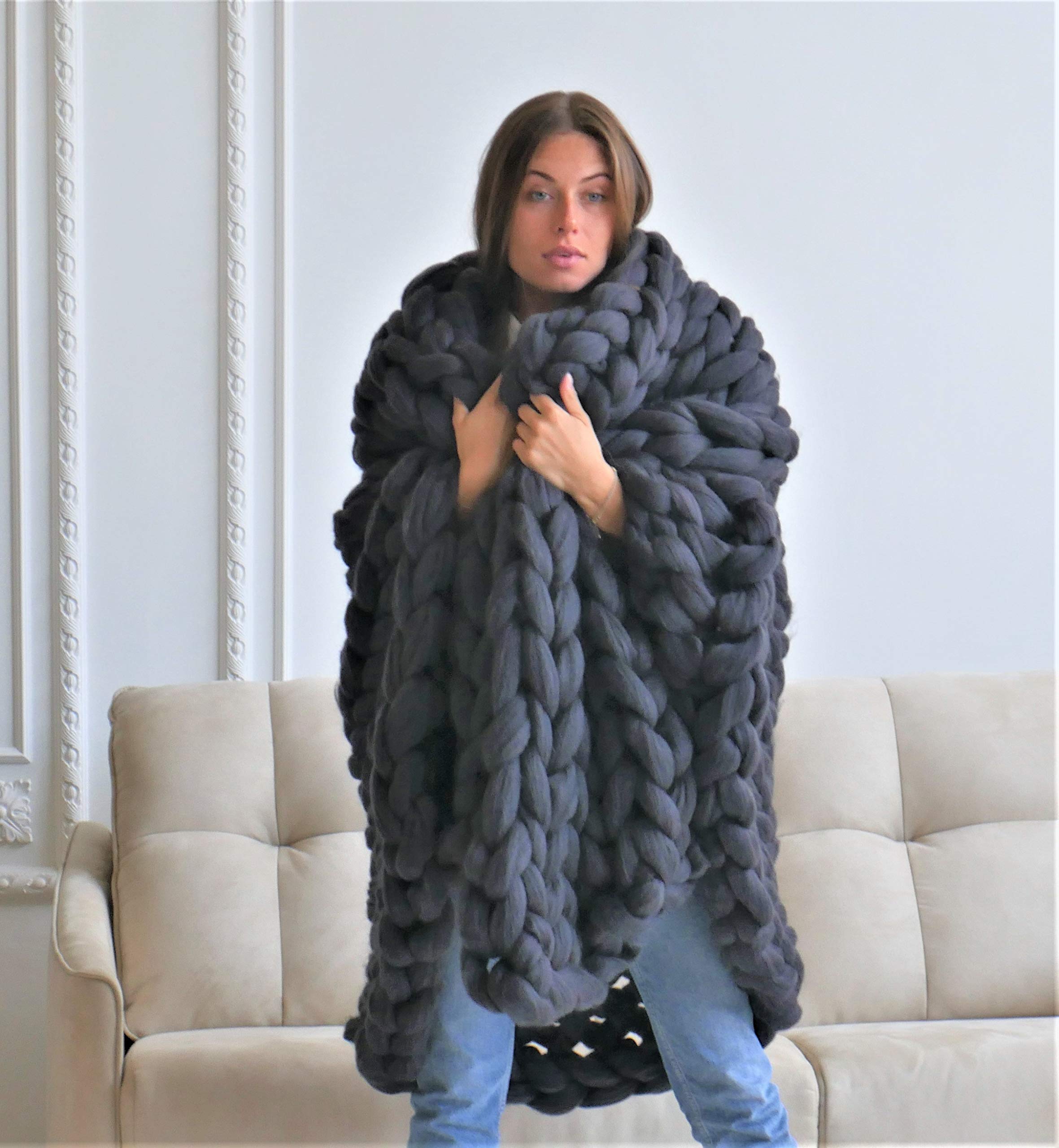 Woolexperts Chunky Knit Merino Wool Blanket - Extra Large Soft Throw Blanket for Couch, Bed & Winter Warmth - Cozy Home Decor Gift