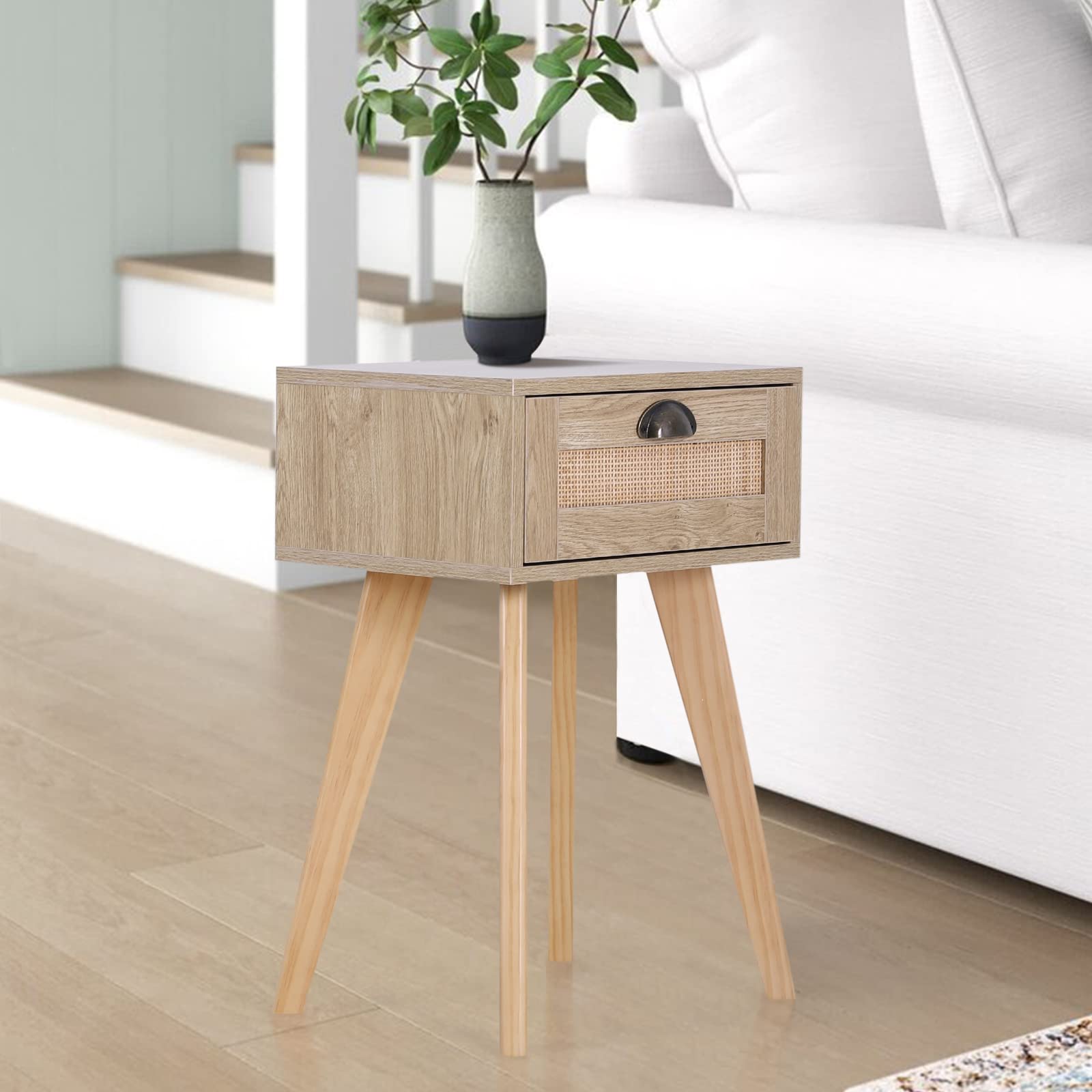 Sophia & William Rattan Nightstands Set of 2 - Natural Woven Rattan Bedside Tables with Wooden Drawer & Solid Wood Legs for Bedroom, Living Room, Small Space | Perfect for Farmhouse, Coastal & Boho Home Decor