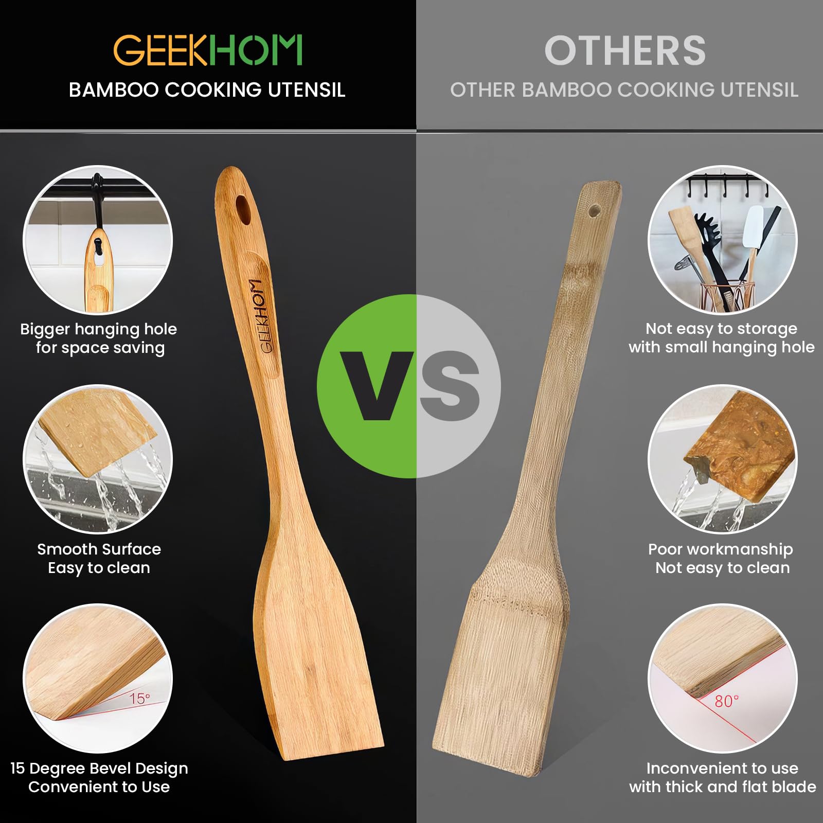 GEEKHOM 2-Pack 13 Inch Bamboo Spatulas for Nonstick Cookware - Wooden Kitchen Utensils for Cooking, Flipping Pancakes, Fish & Eggs - Eco-Friendly Slotted Wok Turner - Perfect for Sauteing, Stir-Frying & Serving Healthy Meals