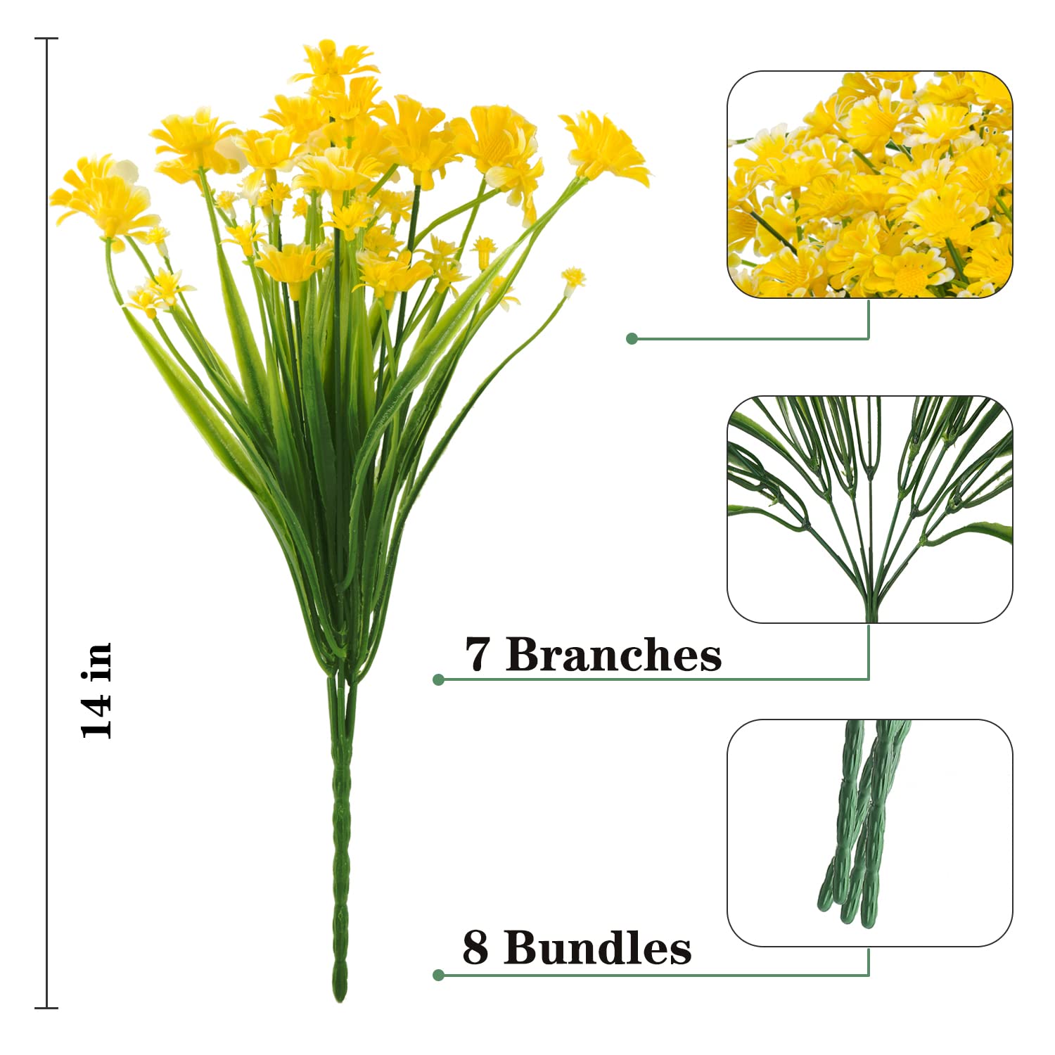 20 Bundles UV Resistant Outdoor Artificial Daisy Flowers - Faux Plastic Plants for Indoor & Outside Decoration (Yellow) | Perfect for Garden, Patio, Wedding & Home Decor