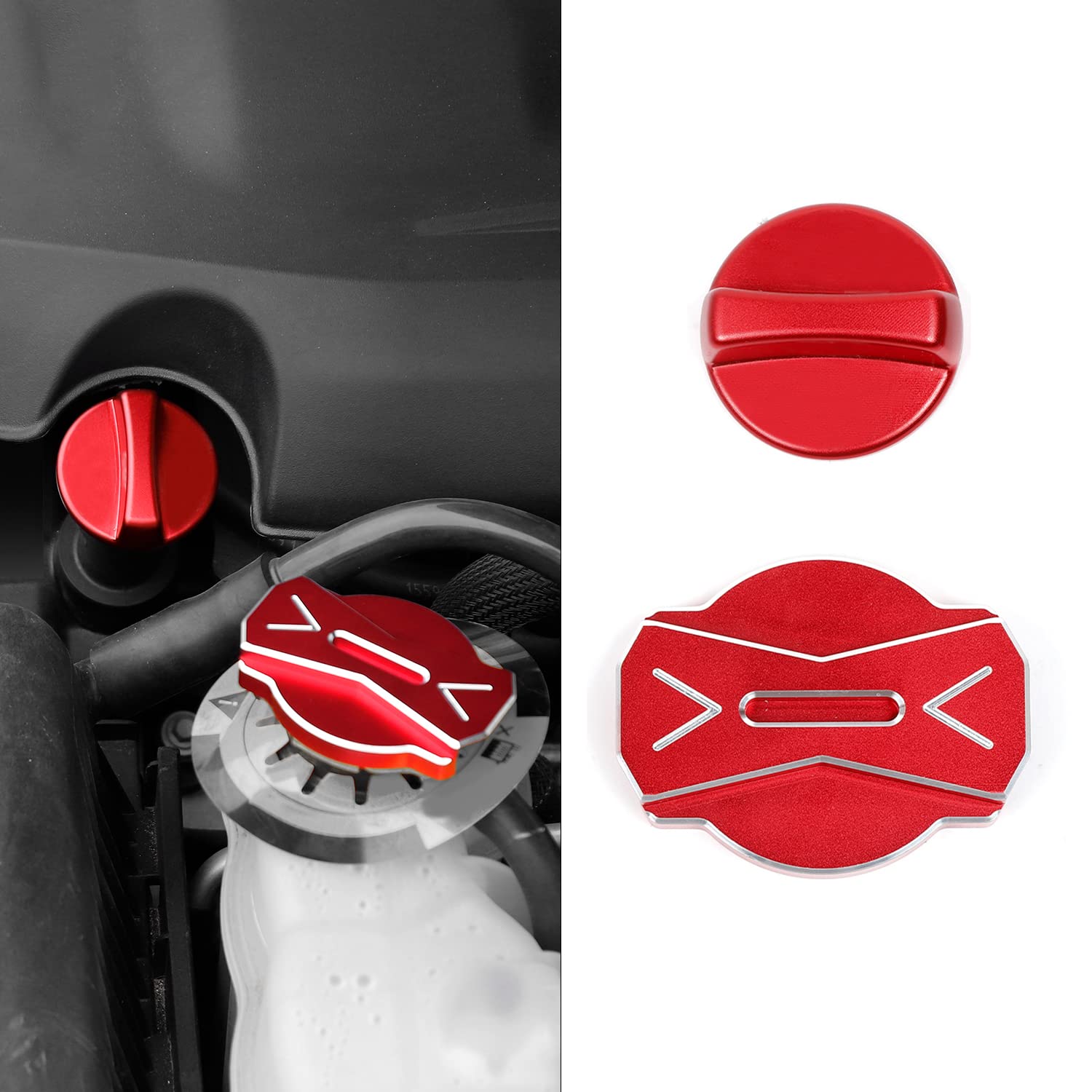 JWWY Aluminum Alloy Red Engine Oil Cap & Radiator Cover Heat Sink Trim - Compatible with 2009-2024 Dodge Challenger/Charger, 2012-2024 Chrysler 300/300C - 2PC Interior Accessories - Perfect for Car Enthusiasts & Performance Upgrades