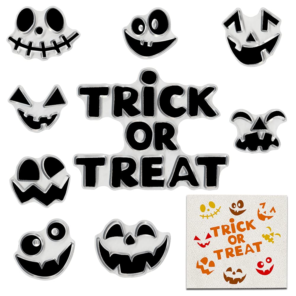 Halloween Clear Stamps Set - Funny Faces & Trick or Treat Words for Card Making, Scrapbooking, DIY Crafts - Transparent Silicone Seal Stamps for Embossing, Album Decorations - Perfect for Halloween Cards, Party Invitations & Scrapbook Projects