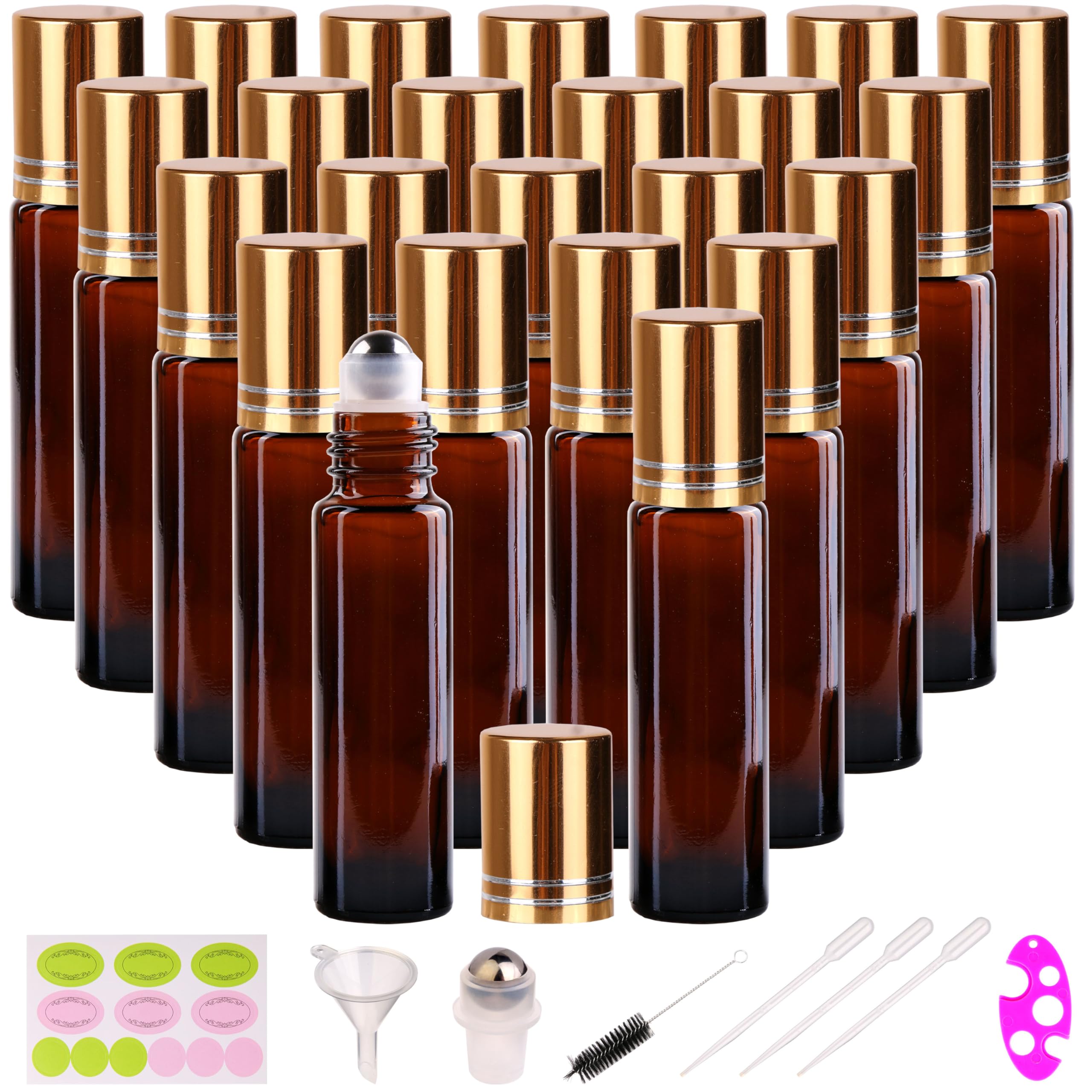 24 Pack 10ml Amber Glass Roller Bottles for Essential Oils - Aromatherapy Roll On Bottles with Stainless Steel Balls & Metal Caps | Perfect for DIY Blends, Travel & Gift Giving