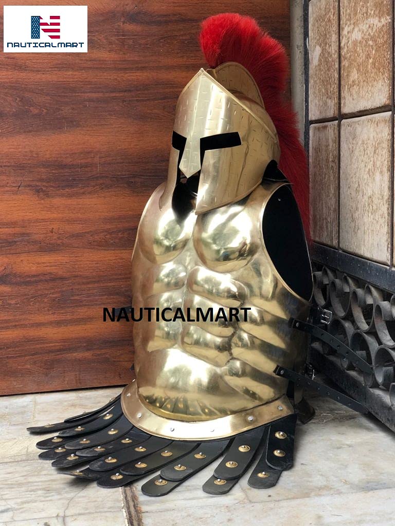 King Leonidas 300 Spartan Brass Helmet with Black Plume - Medieval Muscle Armor Jacket - Brass Antique Leg & Arm Guards - Spartan Warrior Costume for Cosplay, Halloween & Historical Reenactments