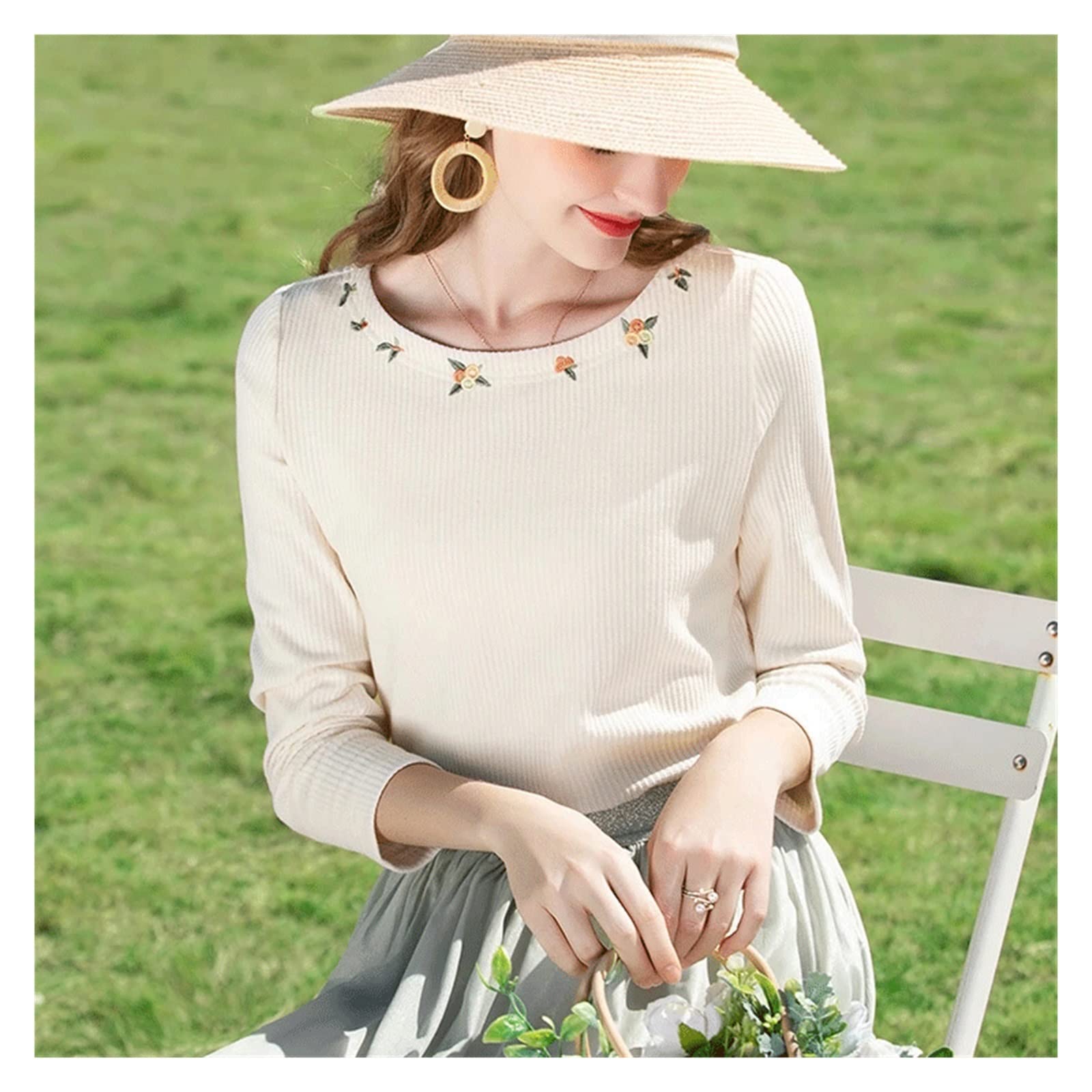 Spring Women's Slim Fit Long Sleeve Knitted T-Shirt with Embroidery - Soft & Gentle Female Top (Color A, Size M) | Casual Wear, Office Outfits, Spring Fashion