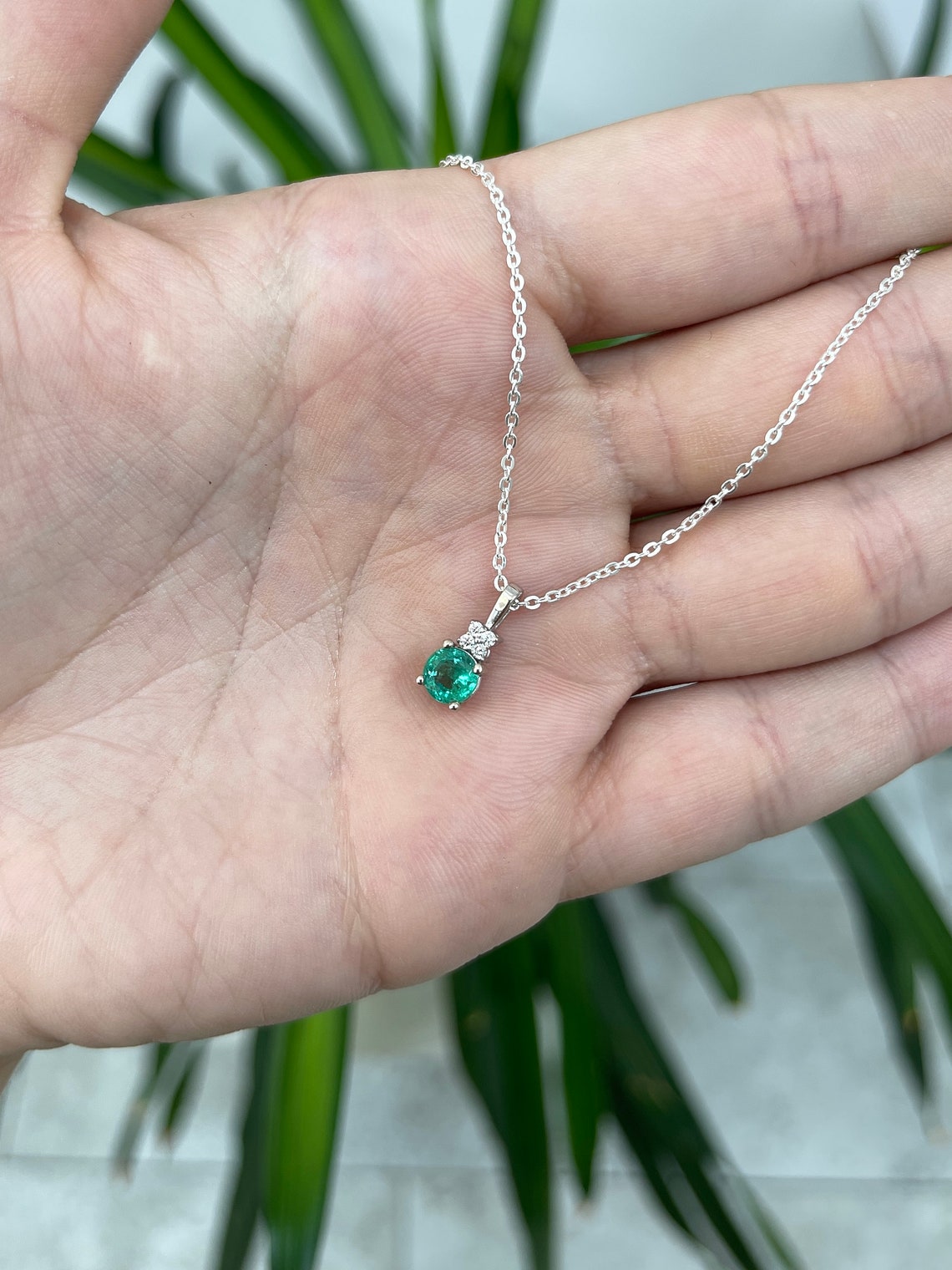0.90tcw Petite Natural Emerald Round Cut Diamond Accent 14K White Gold Pendant Necklace - Elegant Gift for Women, Perfect for Weddings, Anniversaries & Special Occasions