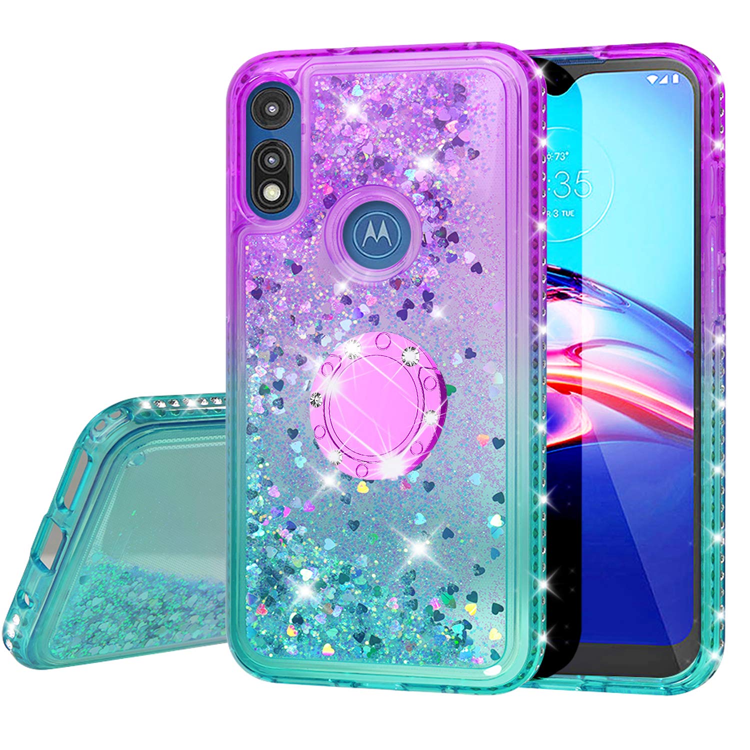 SOGA Rhinestone Liquid Quicksand Phone Case for Motorola Moto E7 - Sparkly Glitter Cover with Magnetic Ring Holder for Car Mount & Lanyard, Purple Teal Gradient - Perfect for Girls, Women, Daily Use & Gift Giving