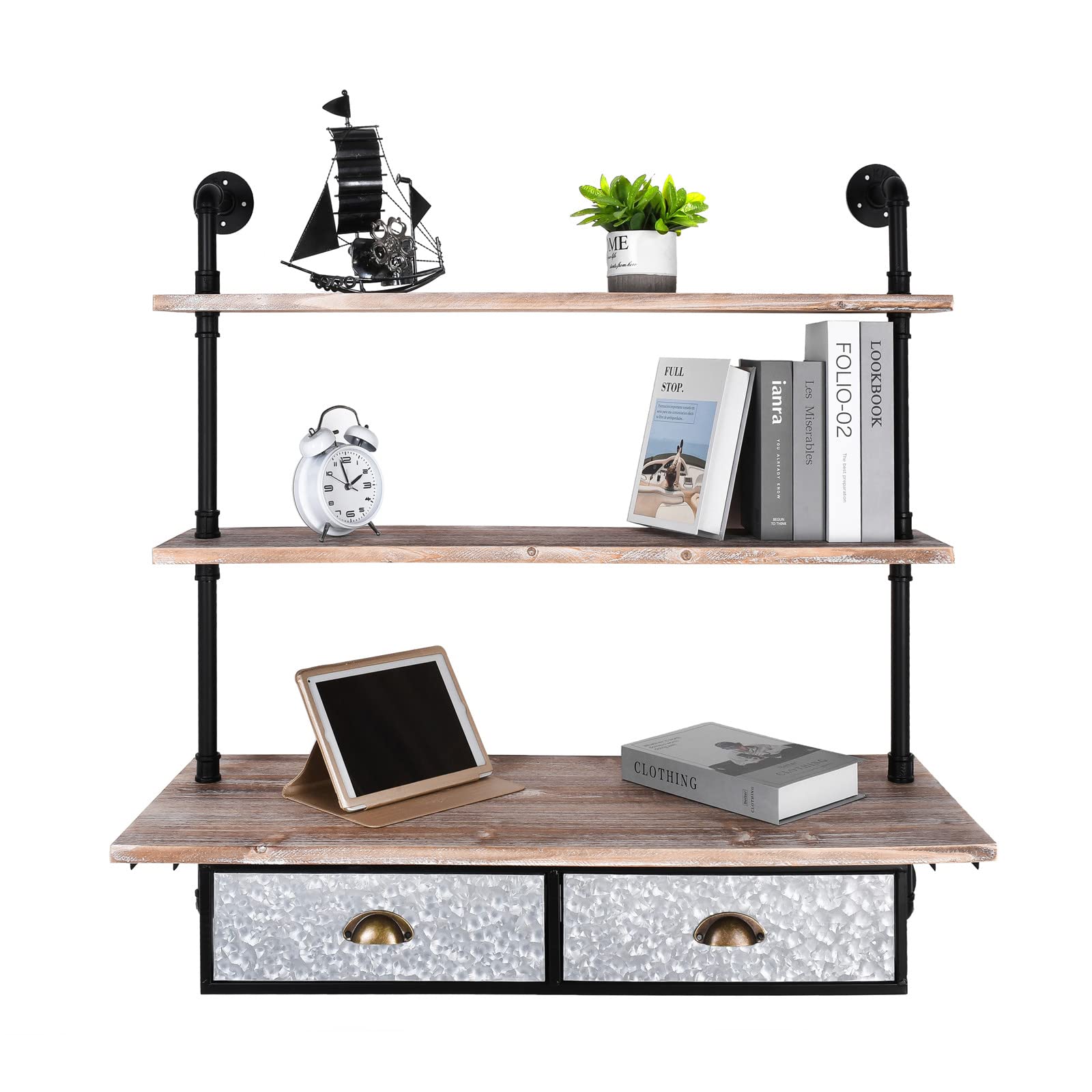 Industrial Pipe Wall Mounted Desk with 2 Drawers - Solid Wood Floating Table for Living Room, Bedroom, Study & Office - Easy Assembly - Perfect for Small Spaces & Home Office Organization