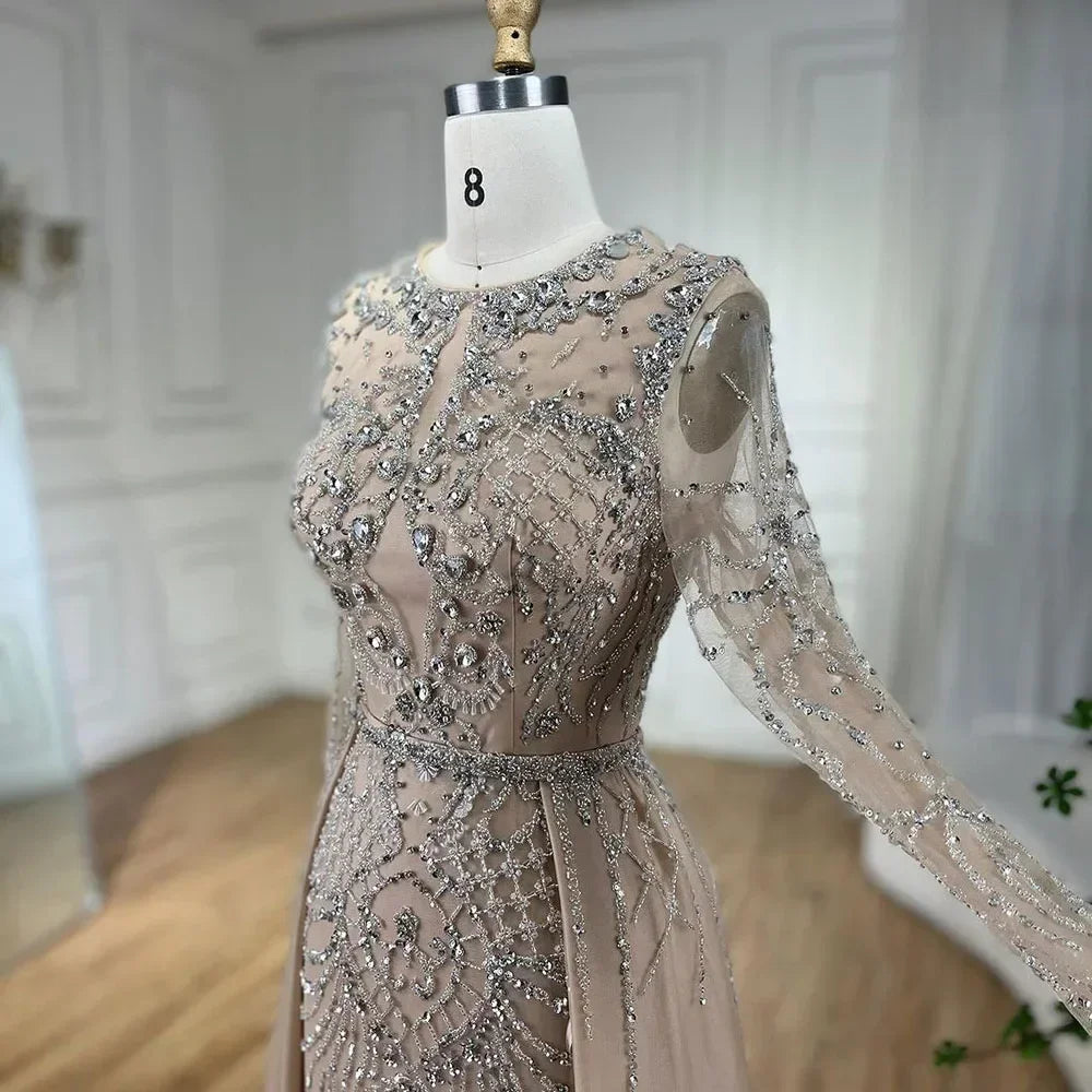 Elegant Muslim Silver Mermaid Evening Gown with Detachable Beaded Overskirt - Women's Formal Wedding & Party Dress LA71919 | Perfect for Bridal Showers, Red Carpet Events & Special Occasions