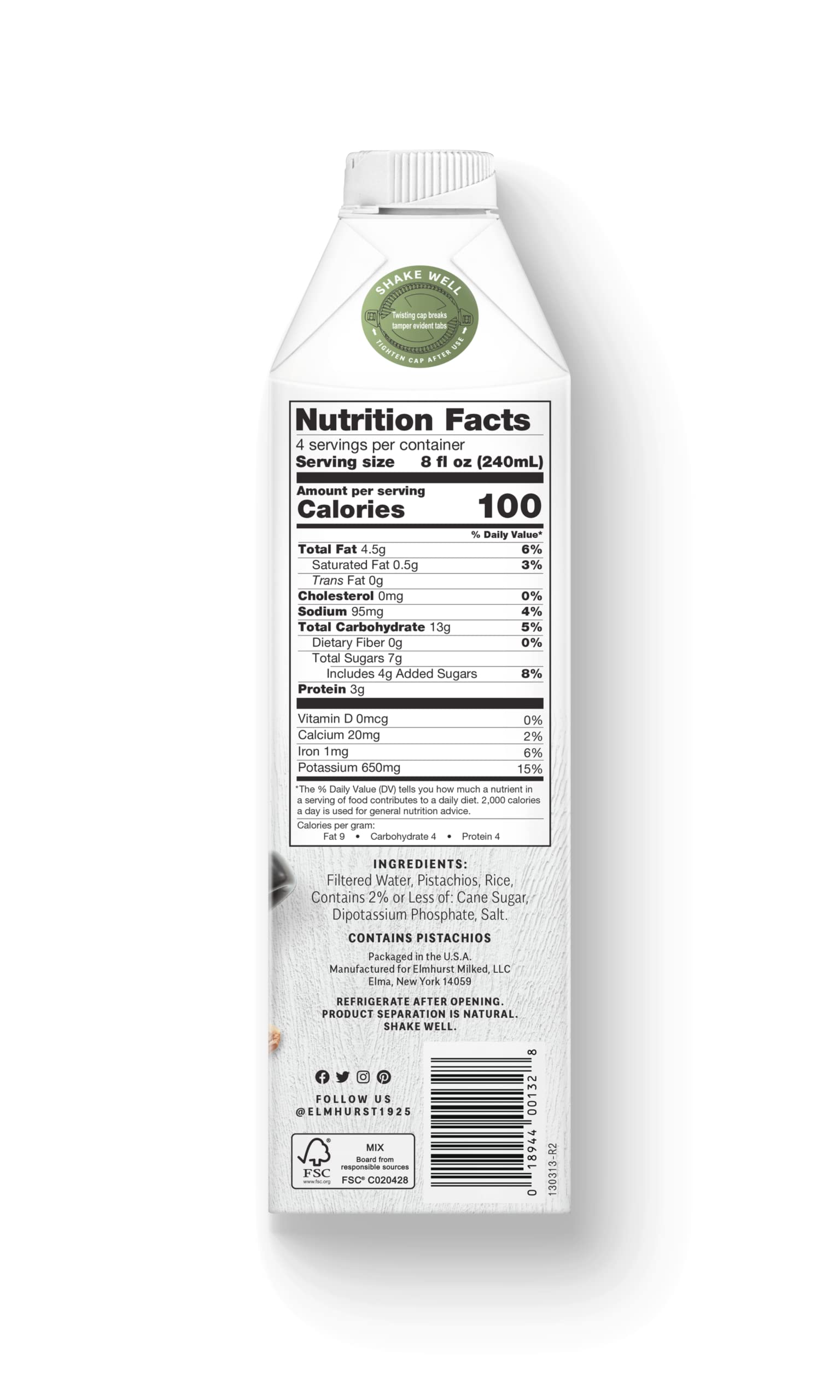 Elmhurst 1925 Barista Edition Pistachio Milk - 32oz (Pack of 6) | Vegan, Dairy-Free, Plant-Based Nut Milk | Perfect for Coffee, Smoothies & Baking