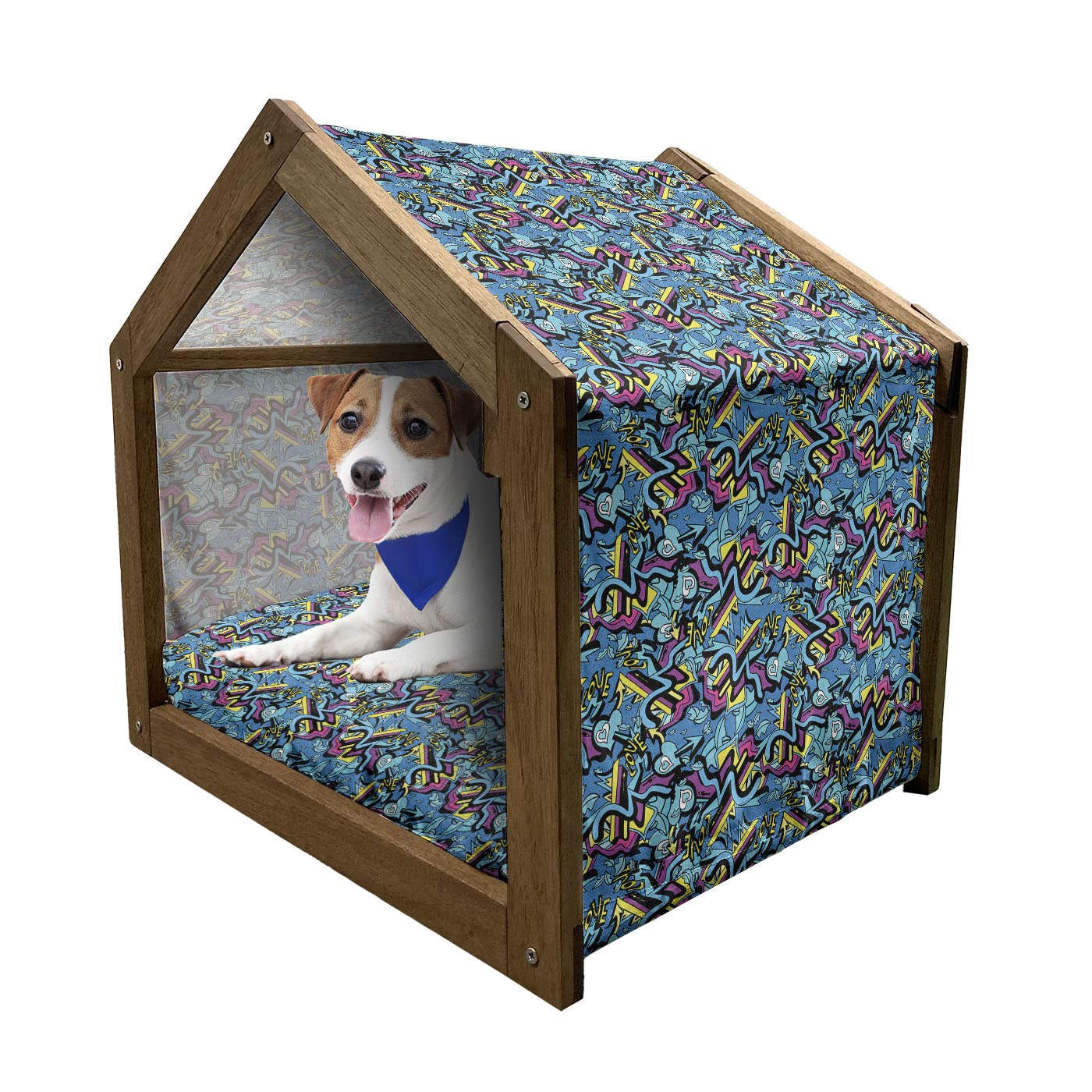 Ambesonne Psychedelic Wooden Pet House - Graffiti Art Dog Kennel with Love Inscription, Indoor & Outdoor Portable Dog Bed with Pillow & Cover, Medium Size, Multicolor - Perfect for Teen Bedrooms, Backyards & Pet-Friendly Spaces
