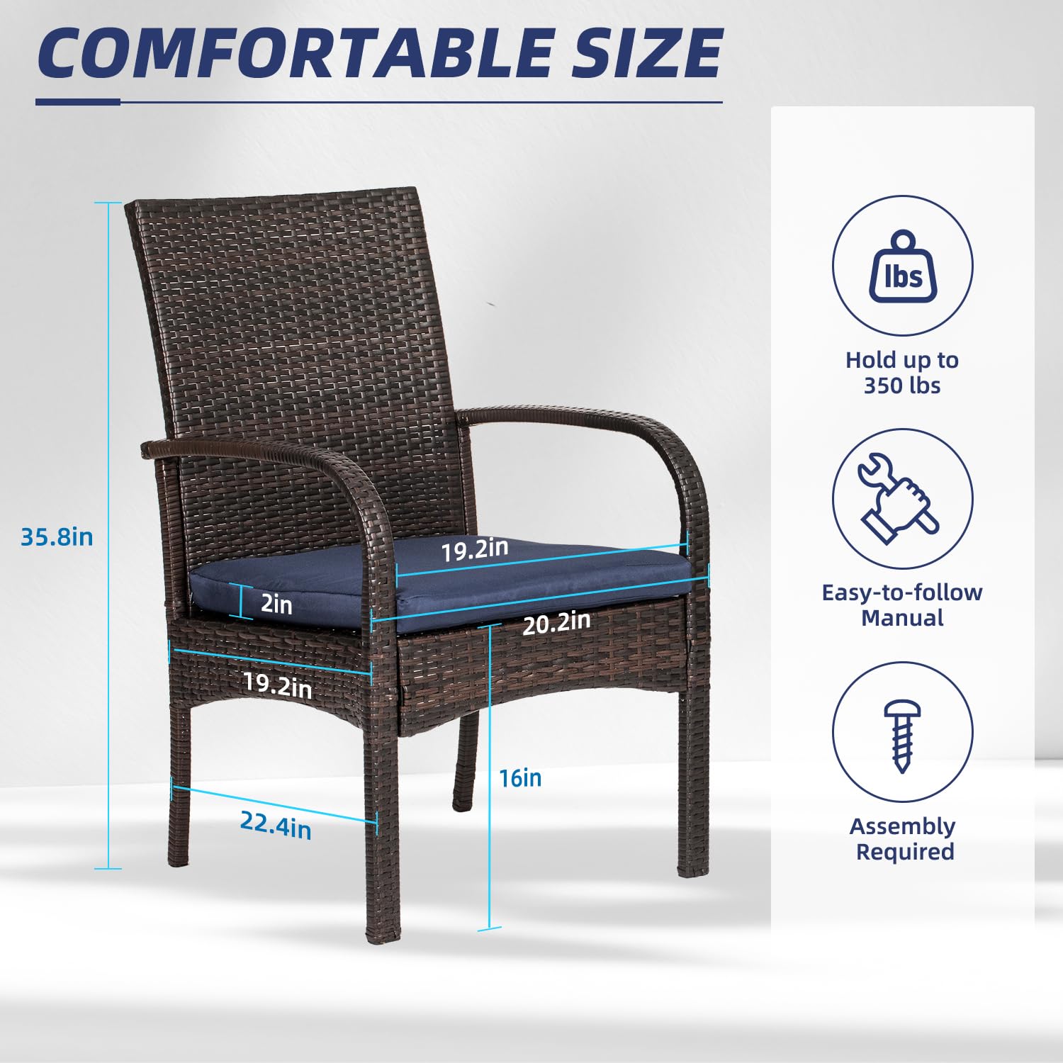 4 Pcs Wicker Patio Dining Padded Cushions - Outdoor Rattan Chairs with Armrest Support (350 lb Capacity, Brown) - Perfect for Backyard, Garden, and Poolside Relaxation