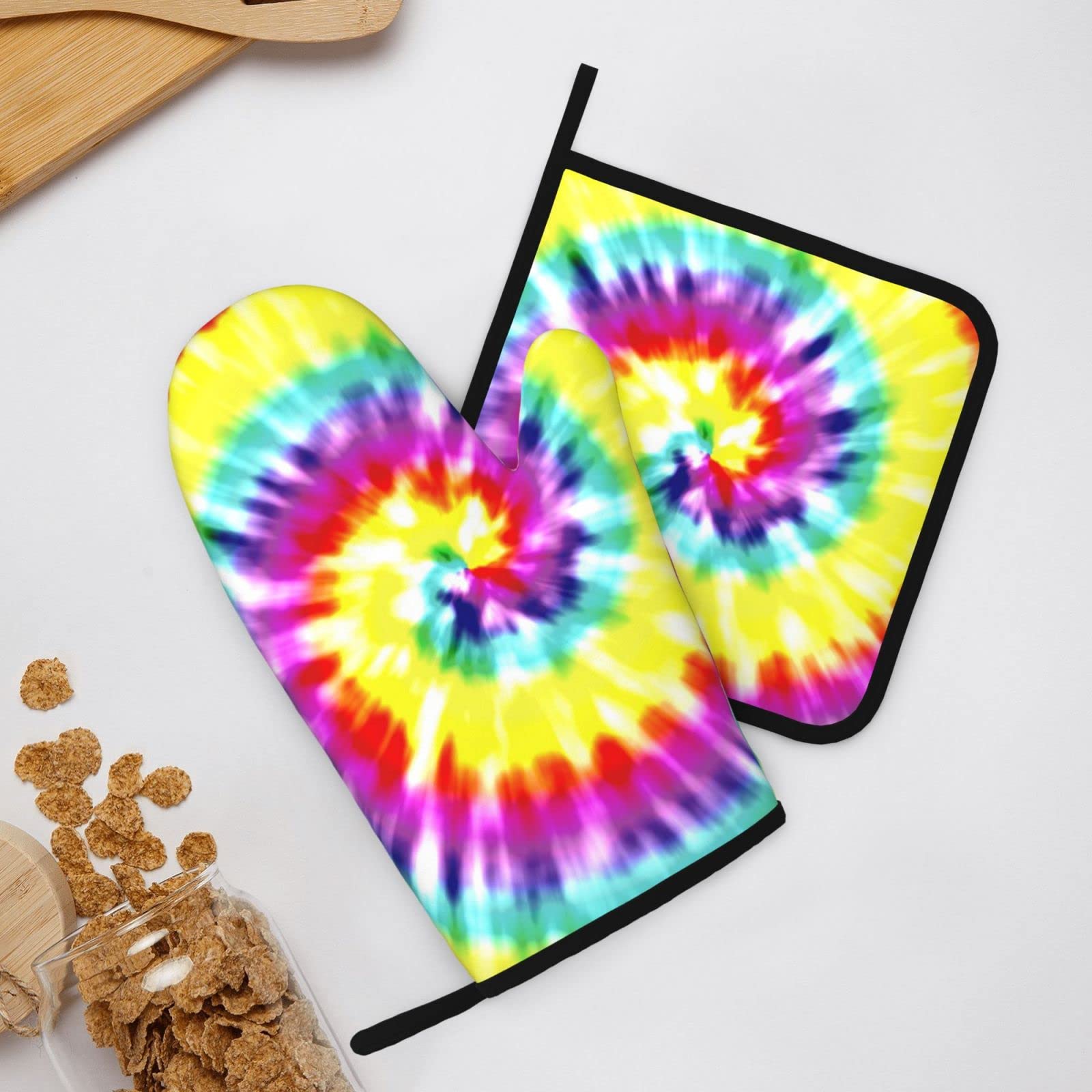 Unique Tie Dye Oven Mitts and Pot Holders Set - Non-Slip Heat Resistant Kitchen Gloves & Pot Pads for Cooking, Baking, Grilling - Perfect for Home Chefs and BBQ Enthusiasts