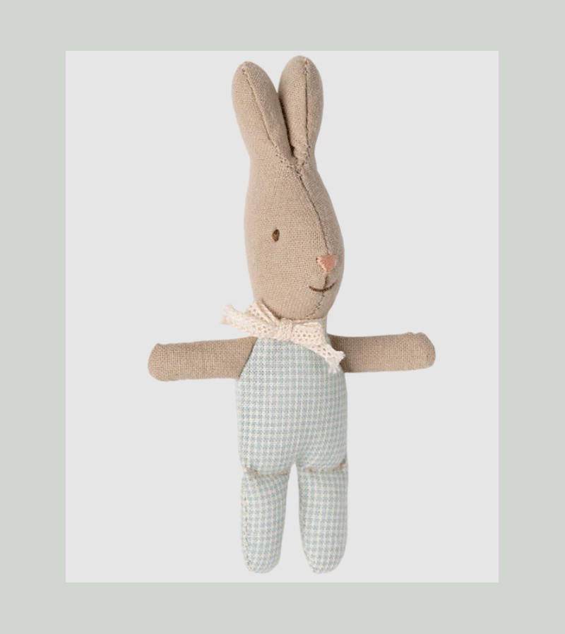 Maileg Light Blue Check Rabbit Plush Toy - Adorable Stuffed Animal for Kids, Nursery Decor, and Gift Giving
