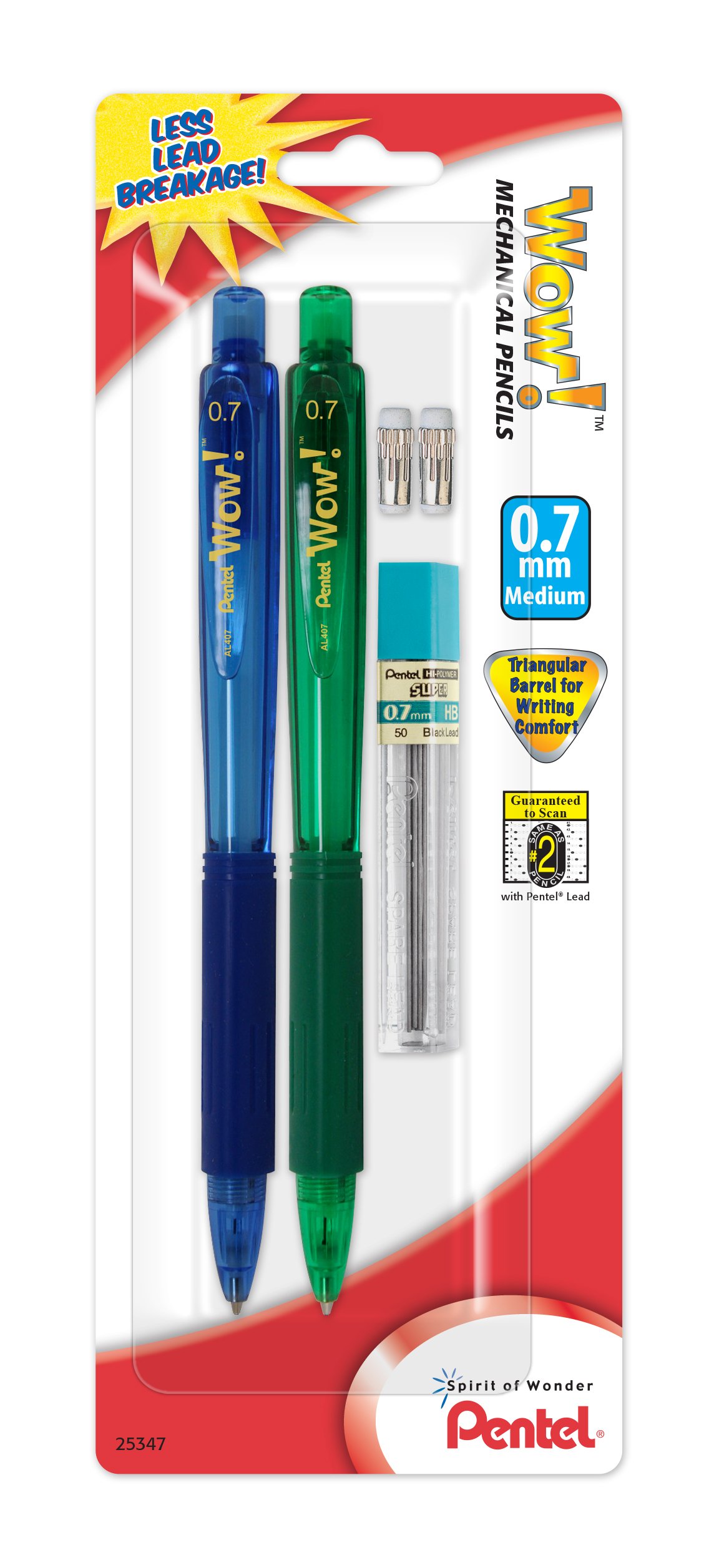 Pentel Wow 0.7mm Mechanical Pencil Set - 2 Pencils with Lead & Erasers for School & Office
