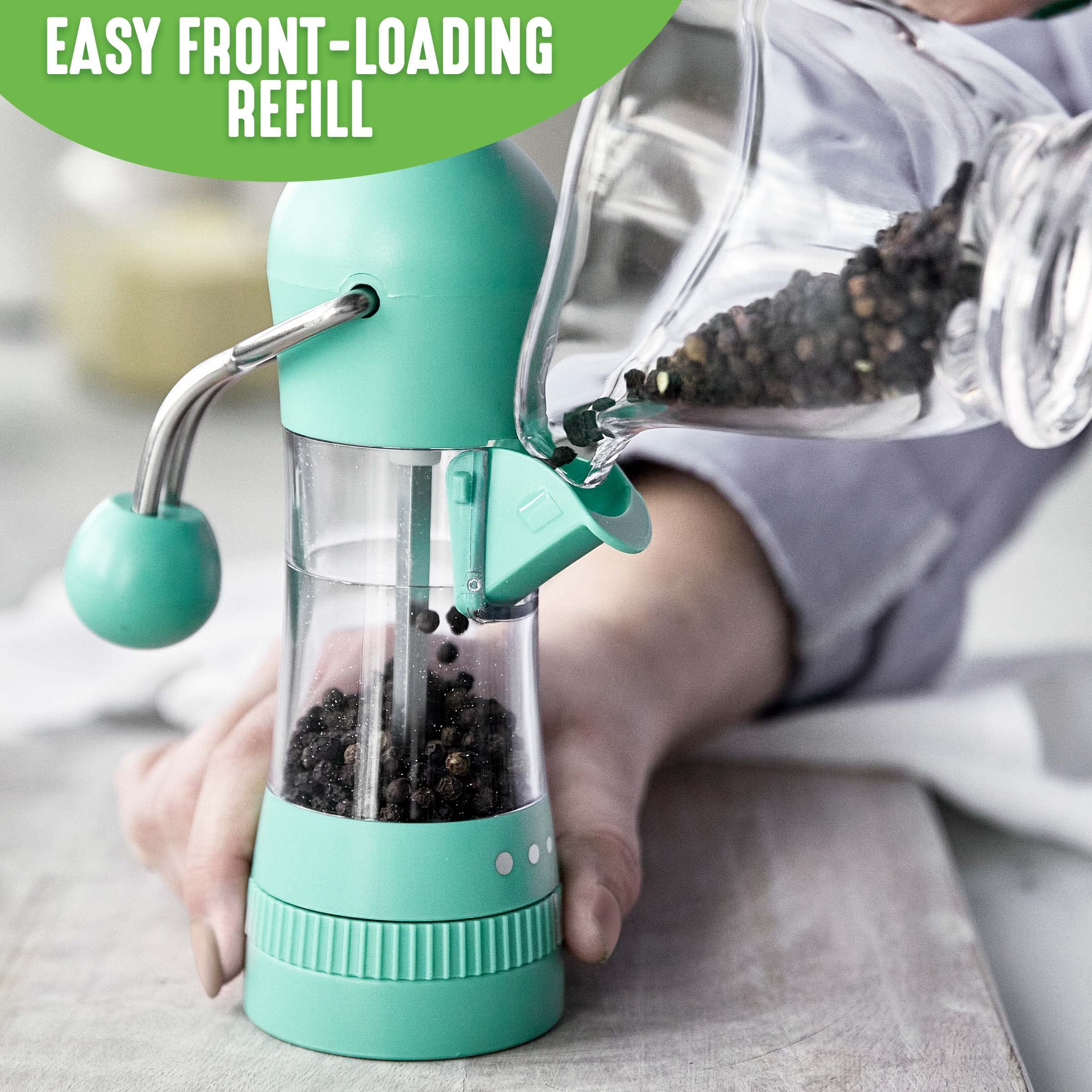 Premium GreenLife Ratchet Mill - Adjustable Salt and Pepper Grinder with Mess-Free Design | Easy Refill & No-Twist Grinding | Ergonomic Kitchen Tool for Seasoning & Spices | Perfect for Cooking, Dining & Gourmet Meal Preparation (Turquoise)