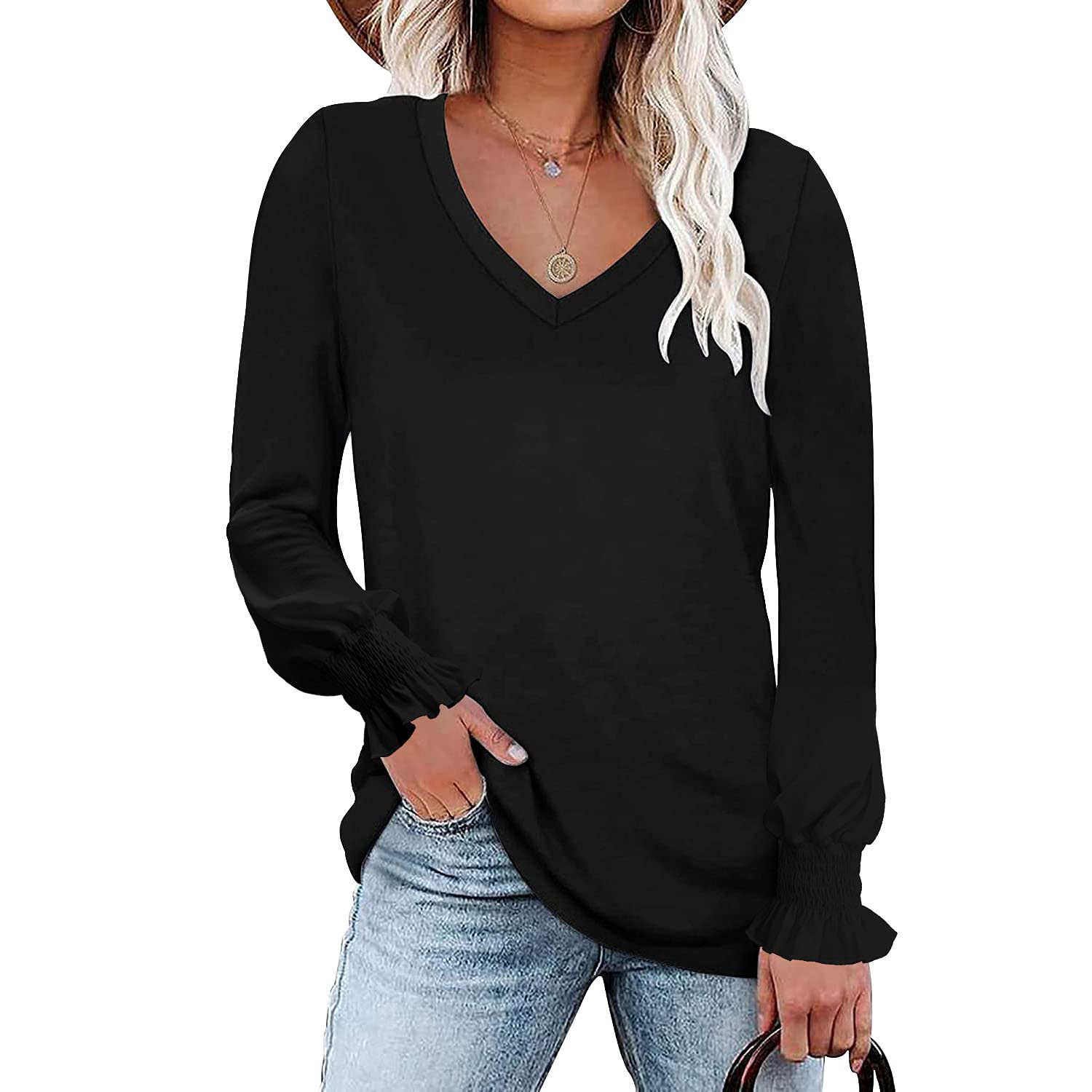 BESFLY Women's Summer V-Neck T-Shirt - Casual Puff Sleeve Long-Sleeve Blouse Tunic Top for Work, Date Night & Everyday Wear