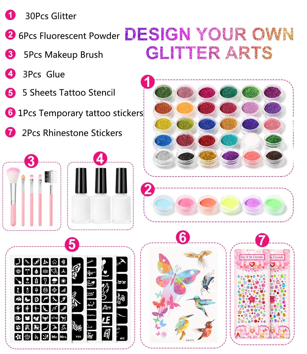 Glitter Tattoo Kit for Kids - 30 Body Glitters, 3 Glitter Glues, 5 Tattoo Stencils, 5 Makeup Brushes, 6 Fluorescent Powders, Butterfly & Rhinestone Stickers | DIY Face & Body Art for Parties, Halloween & Cosplay