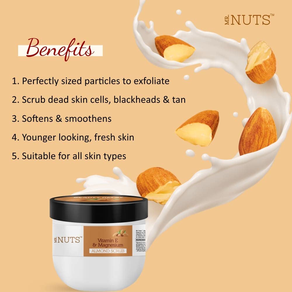 BEAUTYRELAY LONDON Vitamin-E Magnesium Almond Face Scrub - Brightens Complexion, Smooths & Nourishes Skin, Deep Moisturizer - Skin Lightening Exfoliator (180g) - Perfect for Daily Skincare Routine & Glowing Skin