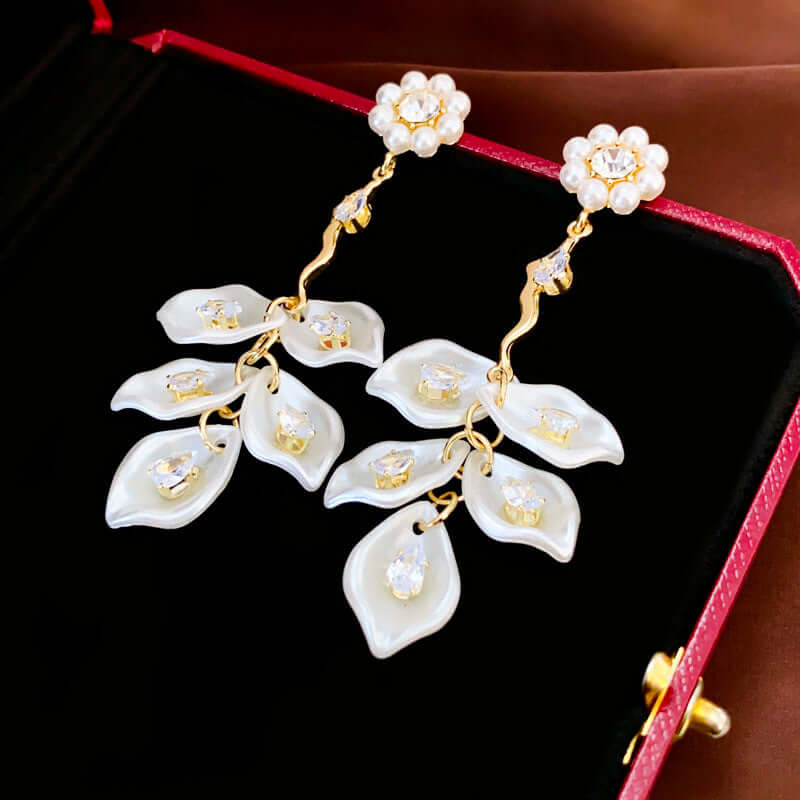 Pearl Petal Drop Earrings N2393 - Elegant Floral Dangle Earrings for Women, Perfect for Weddings, Parties & Special Occasions