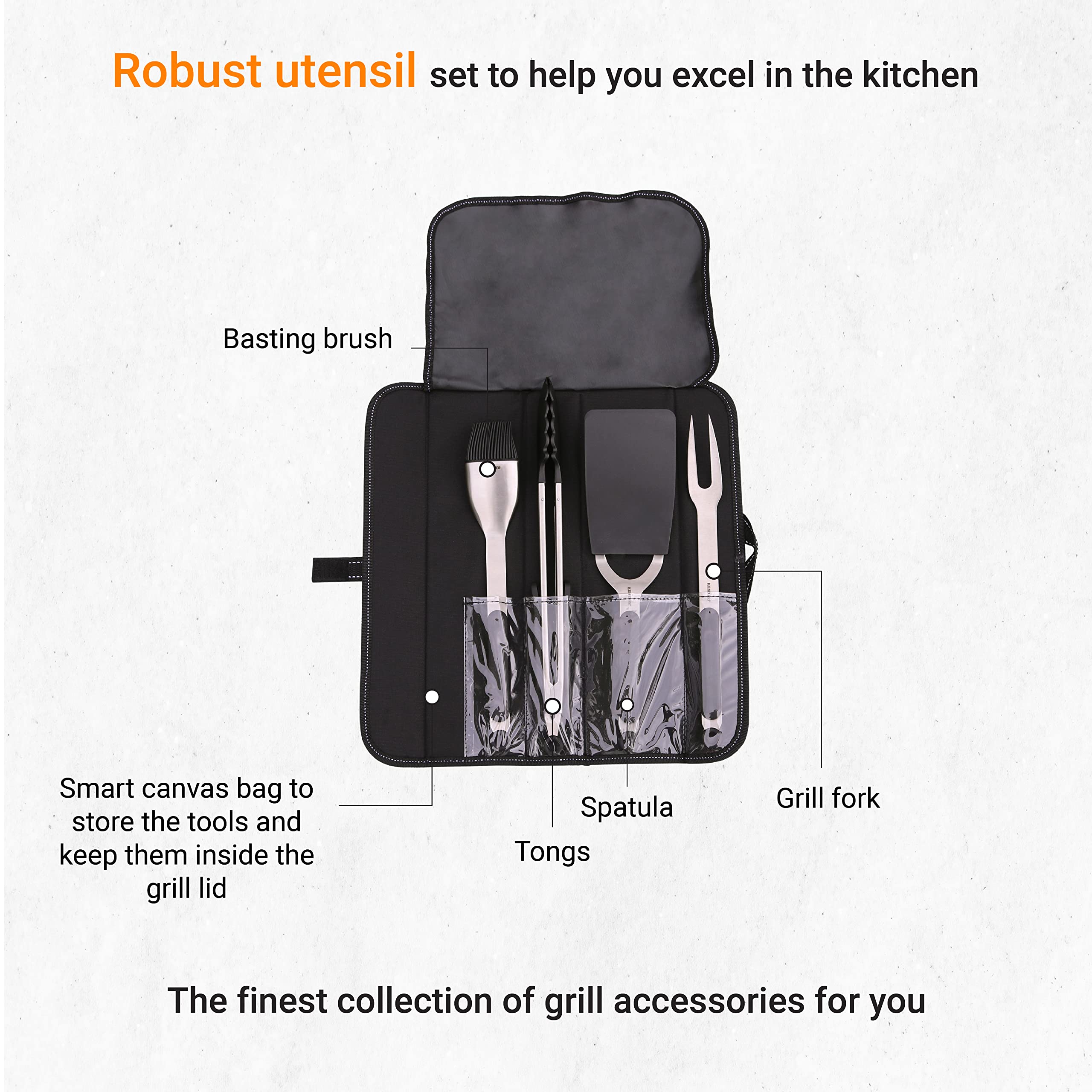 Premium Stainless Steel 4-Piece Grill Utensil Set - Grill Fork, Tongs, Spatula & Basting Brush with Removable Soft-Grip Handles & Smart Canvas Bag - Easy to Clean BBQ Tools for Outdoor Cooking, Backyard Grilling & Camping Trips