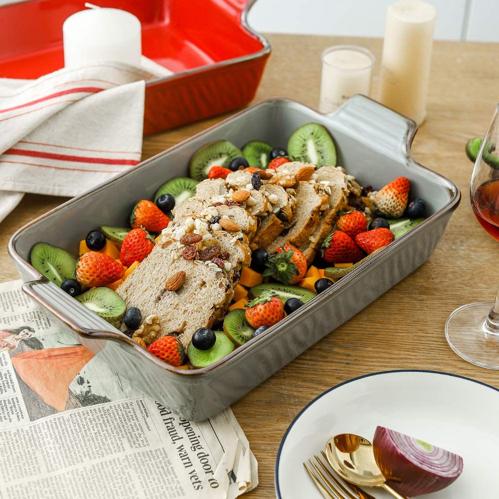 KOOV 9x13 Inch Deep Rectangular Ceramic Baking Dish - Lasagna Pan, Casserole Dish for Oven, Roasting & Tapas | Textured Gray Bakeware | Perfect for Family Dinners, Holiday Meals & Party Cooking