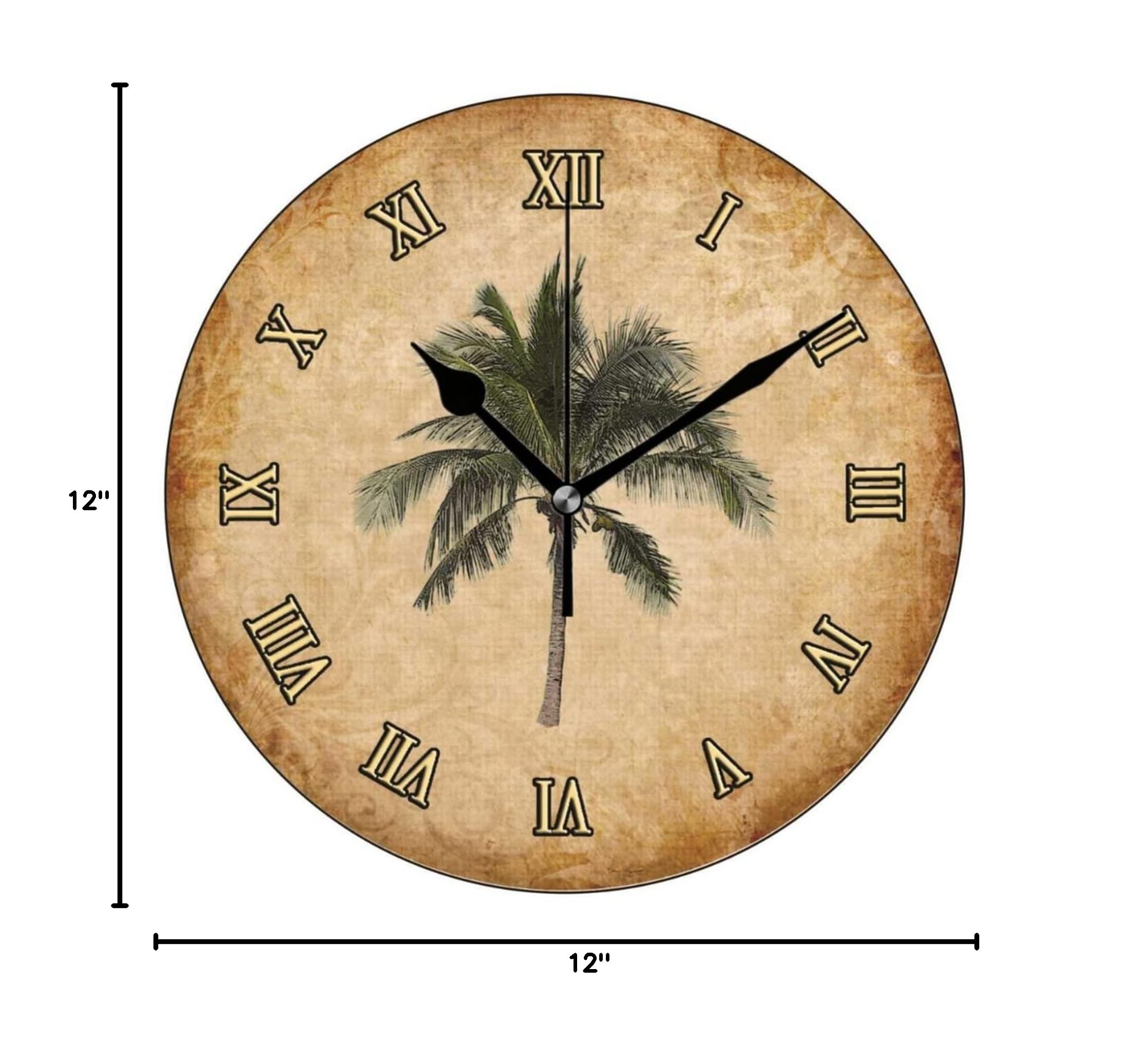 12 Inch Palm Tree Wall Clock - Tropical Decor Wooden Round Clock for Beach House, Living Room, Bedroom & Office Decor