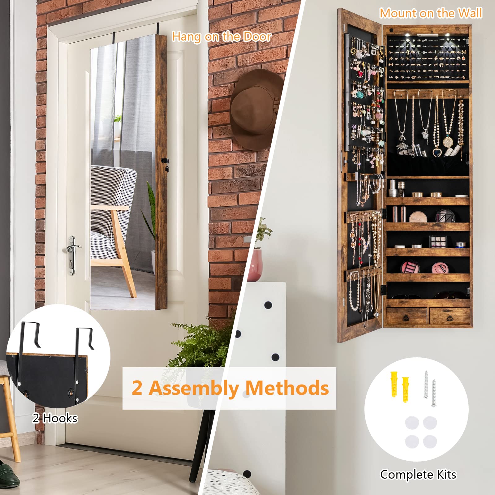 COSTWAY Hanging Jewelry Organizer with Full-Length Mirror & LED Lights - Wall Mount Jewelry Cabinet with Lock, Large Capacity Storage for Necklaces, Rings, Earrings - Perfect for Bedroom, Closet or Dressing Room (Rustic Brown)
