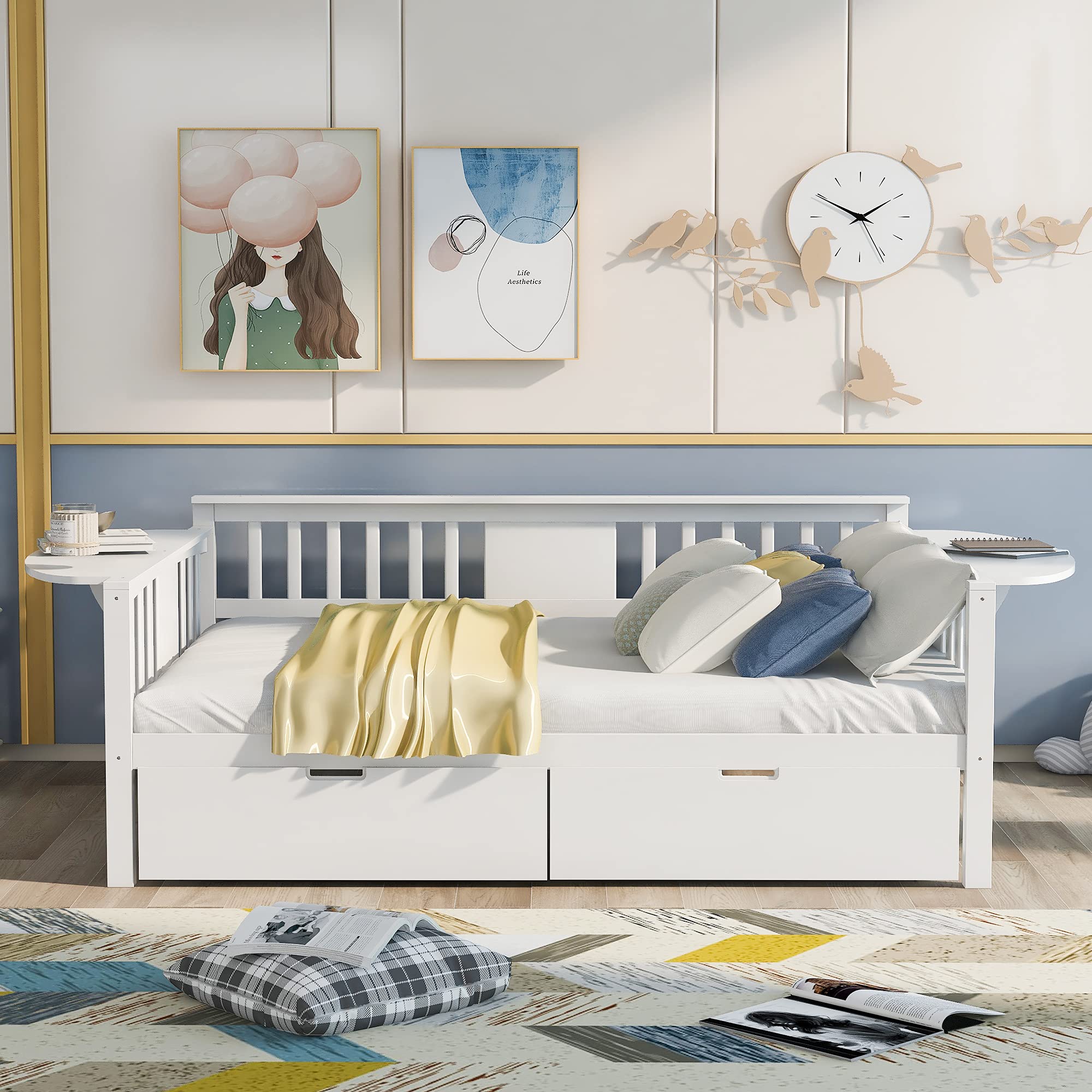 Solid Wood Daybed with 2 Folding Tables & 2 Drawers - Full Size Bed Frame for Kids, Teens & Guest Rooms - Multi-Functional Furniture for Small Spaces, No Box Spring Needed - Perfect for Sleepovers, Reading Nooks & Home Office Use