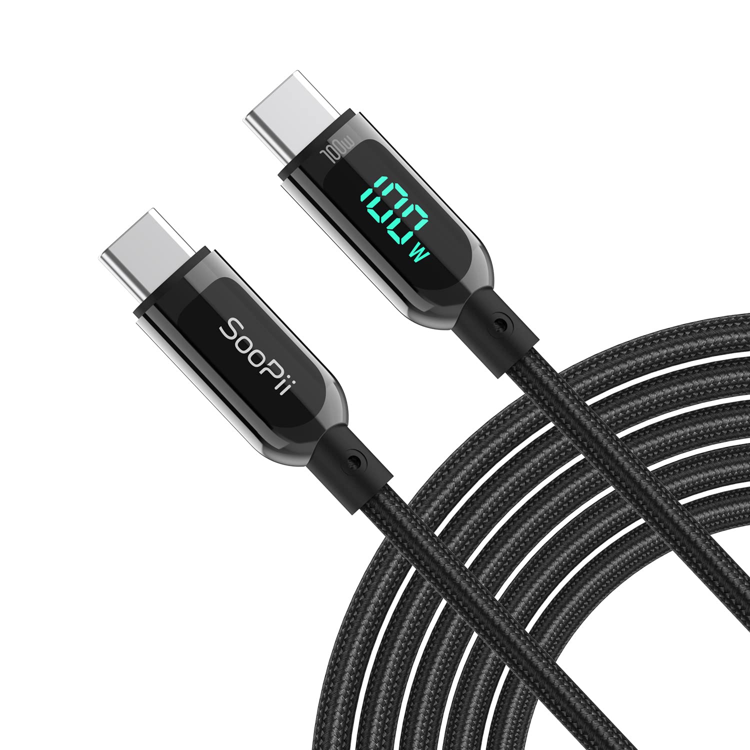 SOOPII 100W 6.6ft USB C to USB C Fast Charging Cable - Nylon Braided with LED Display - Compatible with iPhone 15/15 Pro/15 Plus, iPad Air, MacBook Pro, Galaxy S24/S23, Pixel, LG - Perfect for Home, Office & Travel (Black)