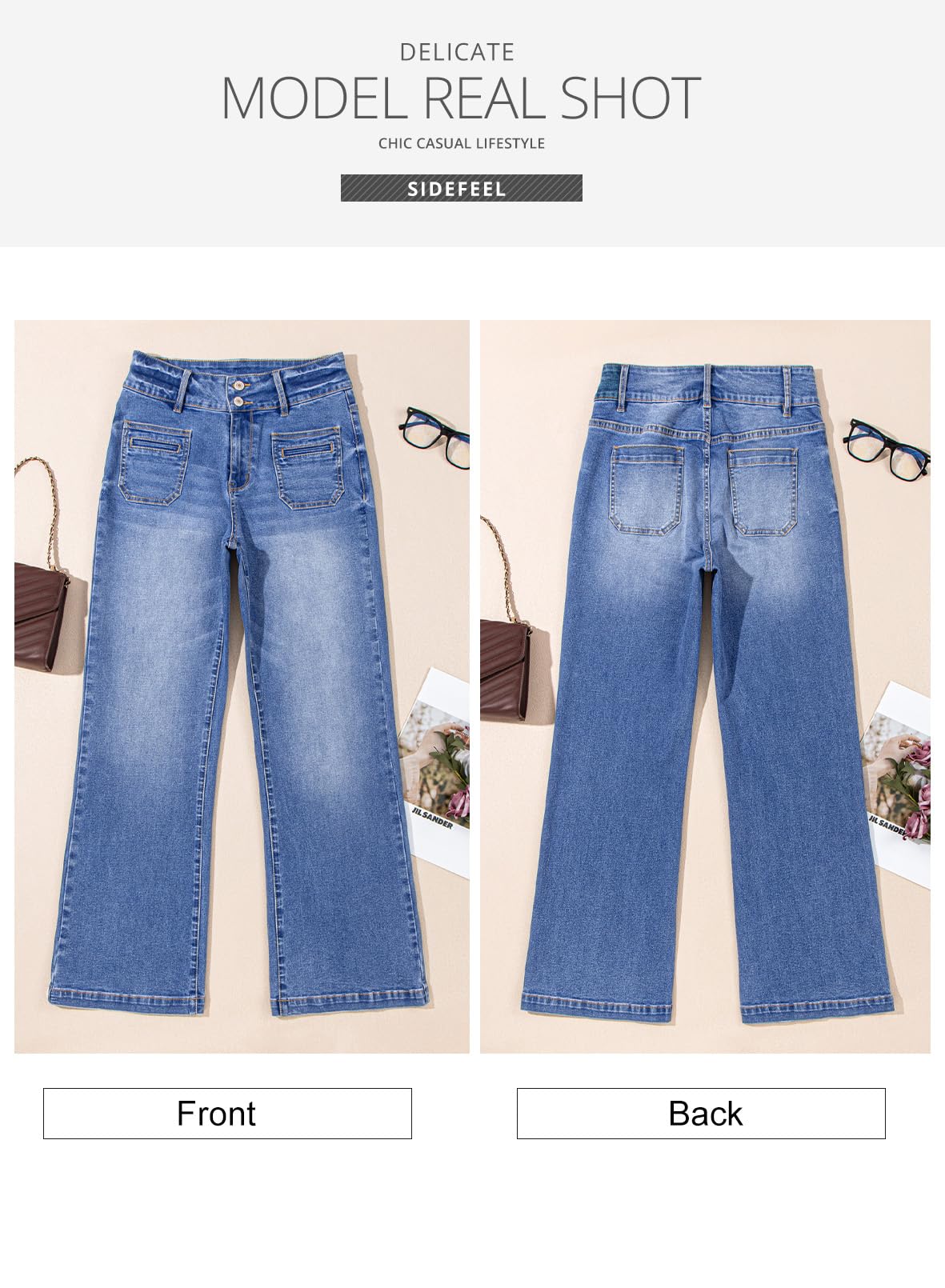 Sidefeel Women's High Waisted Wide Leg Jeans - Tummy Control Stretchy Denim Pants with Front Pockets & Zipper | Casual Comfort for Work, Travel & Everyday Wear