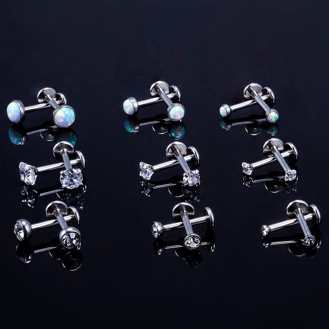 Opal Medusa Piercing Jewelry 16G Stainless Steel Labret Lip Rings Snake Bite Tragus Earrings - Flat Back Stud for Cartilage, Conch, Forward Helix - Perfect for Everyday Wear, Parties & Alternative Fashion