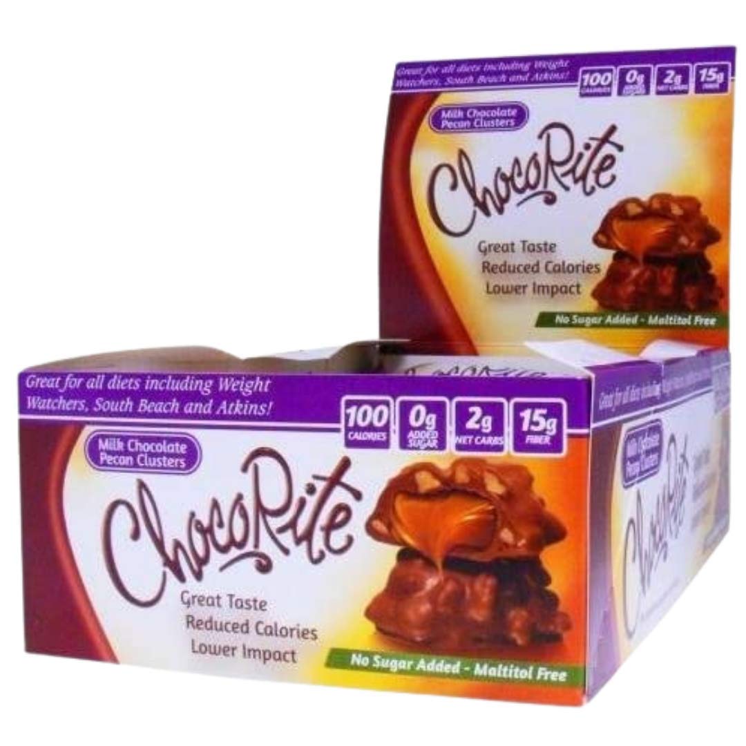 ChocoRite - Low Calorie Milk Chocolate Pecan Clusters Diet Bar | High Fiber, Low Carb, Low Fat, Low Sugar Snack (16/Box) | Perfect for Weight Loss, Keto Diet & Healthy On-the-Go Snacking
