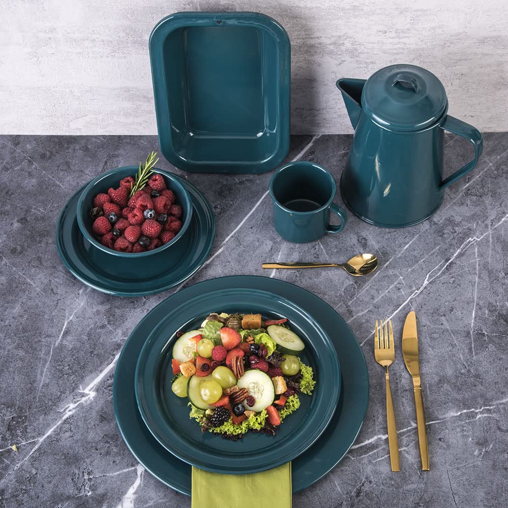 Cinsa 23-Piece Enameled Dinnerware Set for 4 - Camping & Outdoor Plates, Bowls, Mugs & Coffee Boiler - Durable, Easy Clean, Fire-Resistant Green Tableware - Perfect for Picnics, RV Trips & Backpacking Adventures