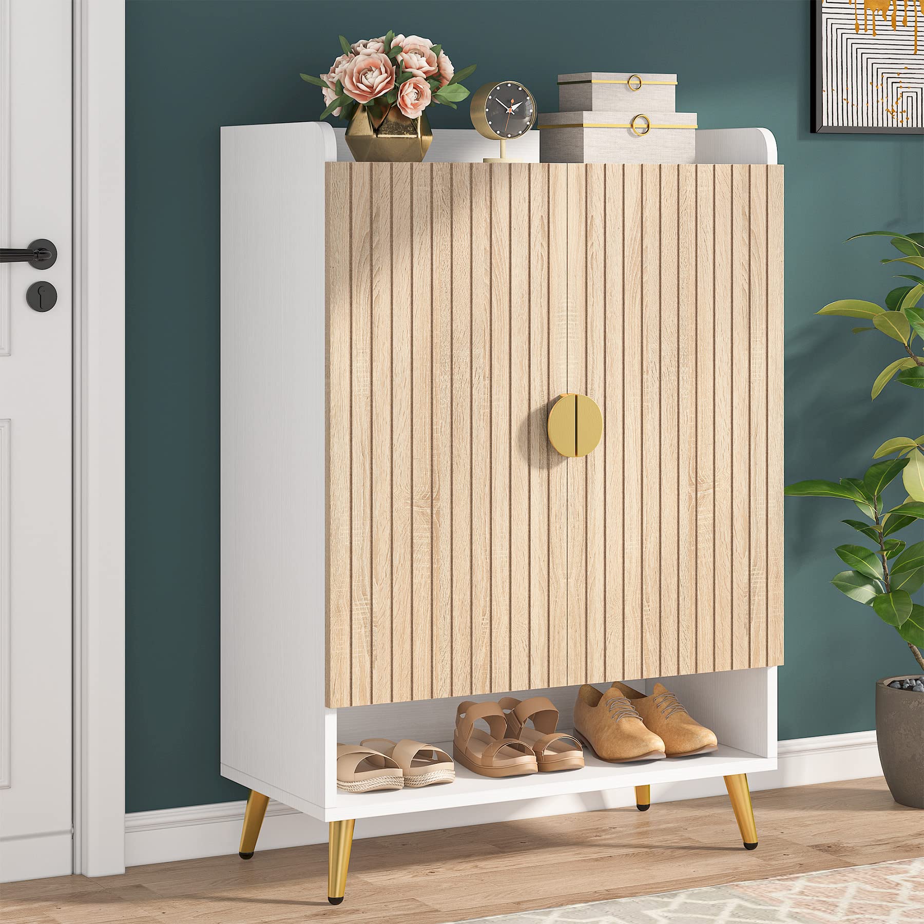 Tribesigns 7-Tier Wooden Shoe Cabinet with Adjustable Shelves and Doors - Modern Shoe Storage Organizer for Entryway, Hallway, Closet & Living Room - Gold Accent Wooden Shoe Rack for Home Organization & Space Saving