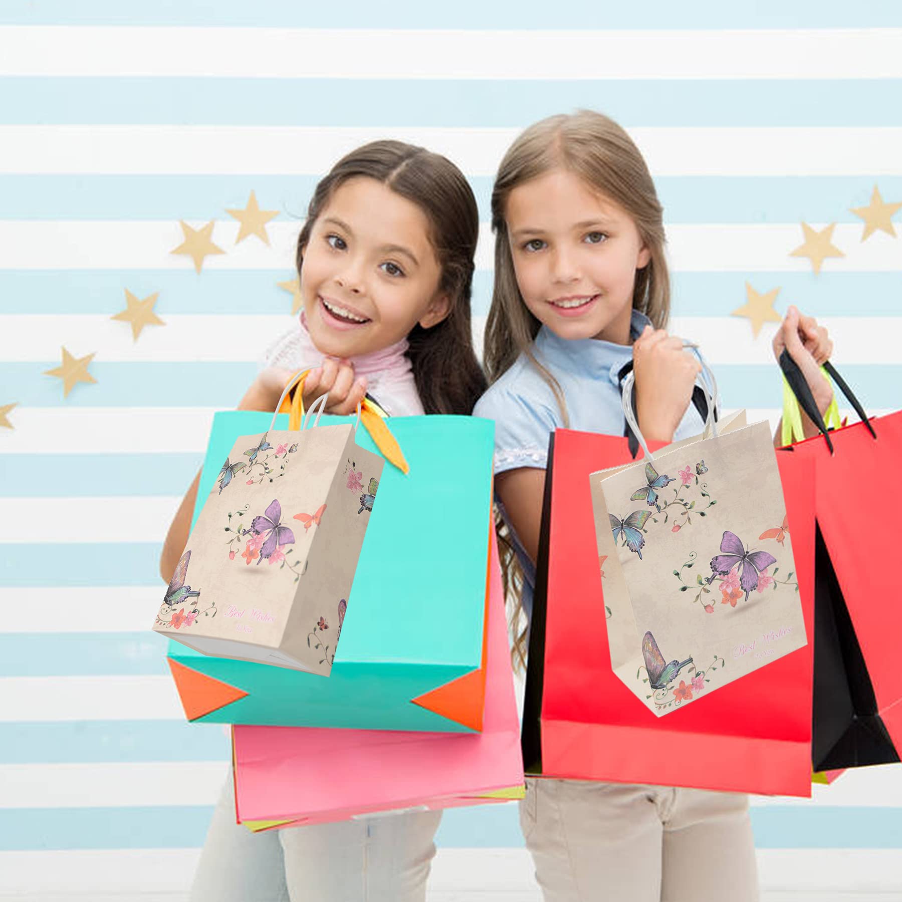 20pcs Small Kraft Paper Gift Bags with Handles - Butterfly Floral Design for Baby Showers, Birthday Parties, Weddings & Christmas | Eco-Friendly Party Favor Bags for Kids Events, Restaurant Takeouts & Retail Stores (20 Pack)
