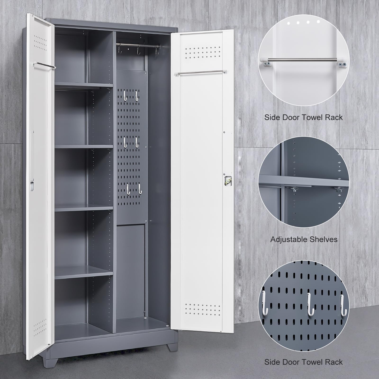 Broom Storage Cabinet with Hanging Rod & S-Hooks - Cleaning Supplies Organizer for Office, Garage, Laundry Room - Space Saving Utility Closet for Mops, Brooms and Cleaning Tools